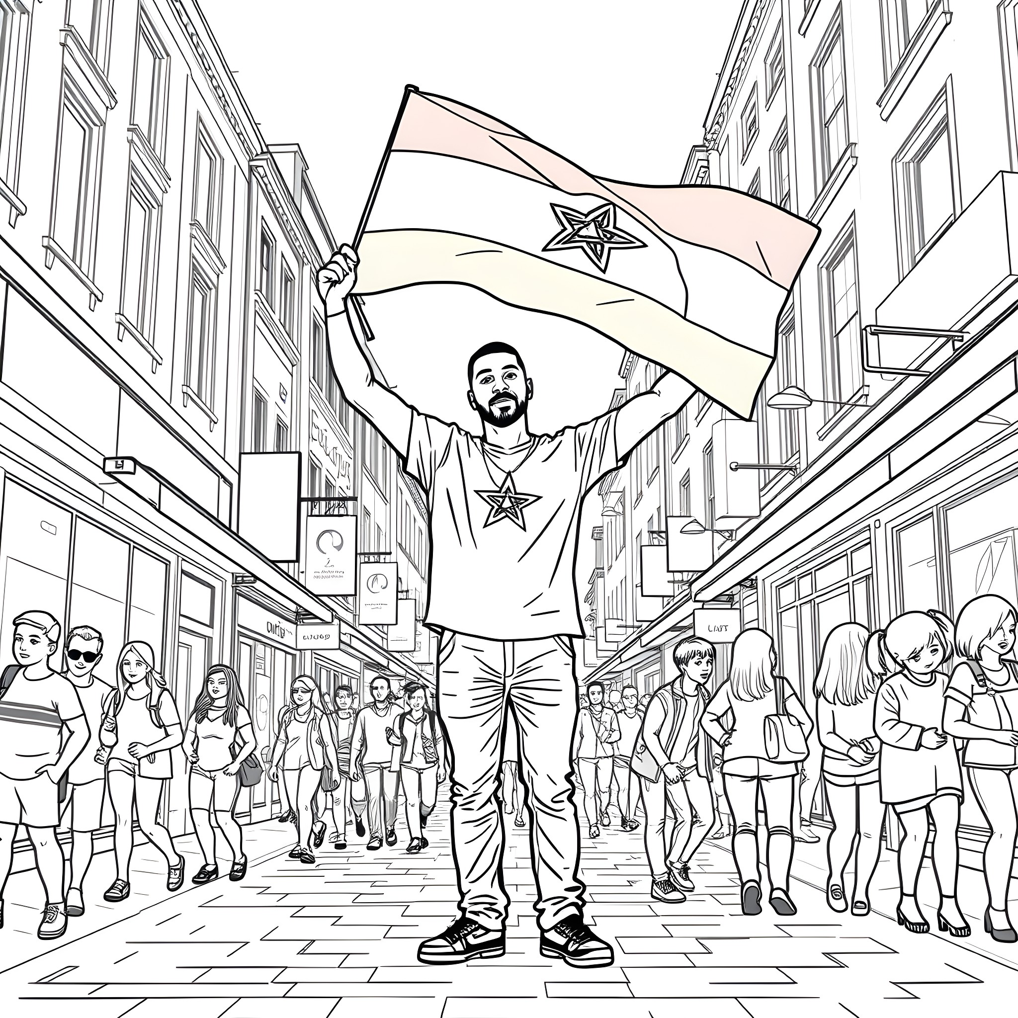 Guy proudly waving flag in crowded city street Coloring Page (free black-and-white line drawing printable PDF for all, from beginners to advanced learners, including children, teens, adults, and seniors)