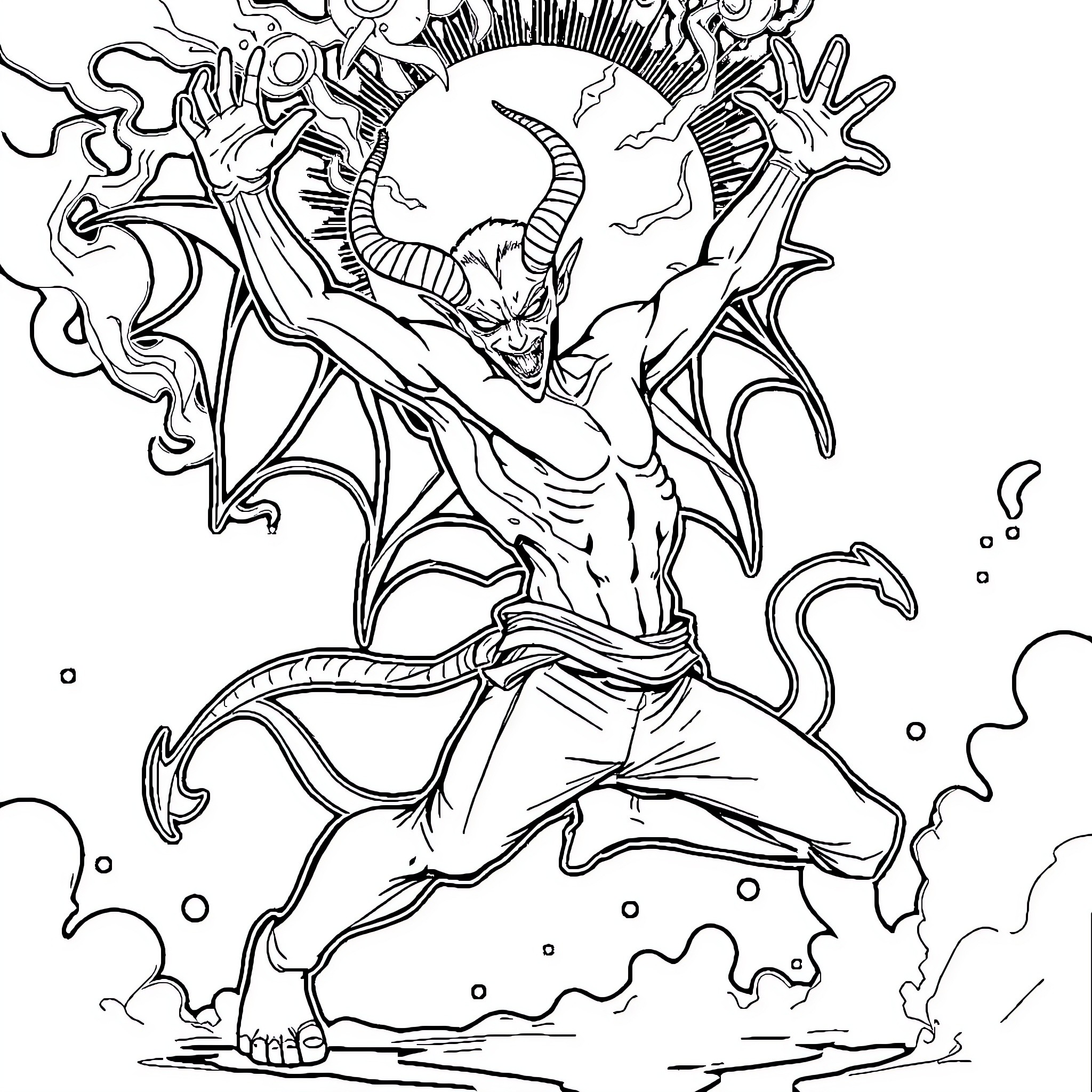Demon Warrior's Fierce Battle Stance Coloring Page (free black-and-white line drawing printable PDF for all, from beginners to advanced learners, including children, teens, adults, and seniors)