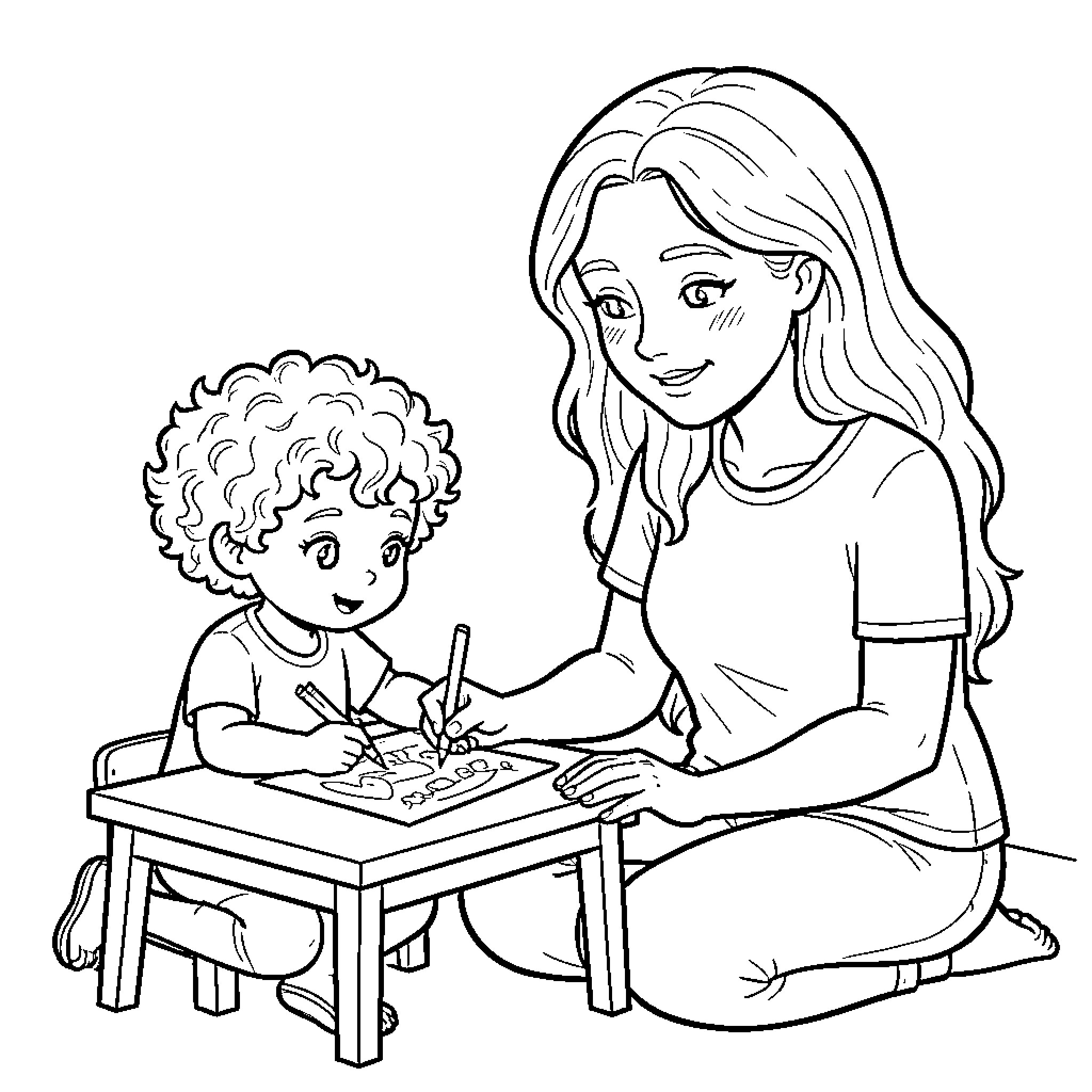 Fille helping a young child draw at a table Coloring Page (free black-and-white line drawing printable PDF for all, from beginners to advanced learners, including children, teens, adults, and seniors)