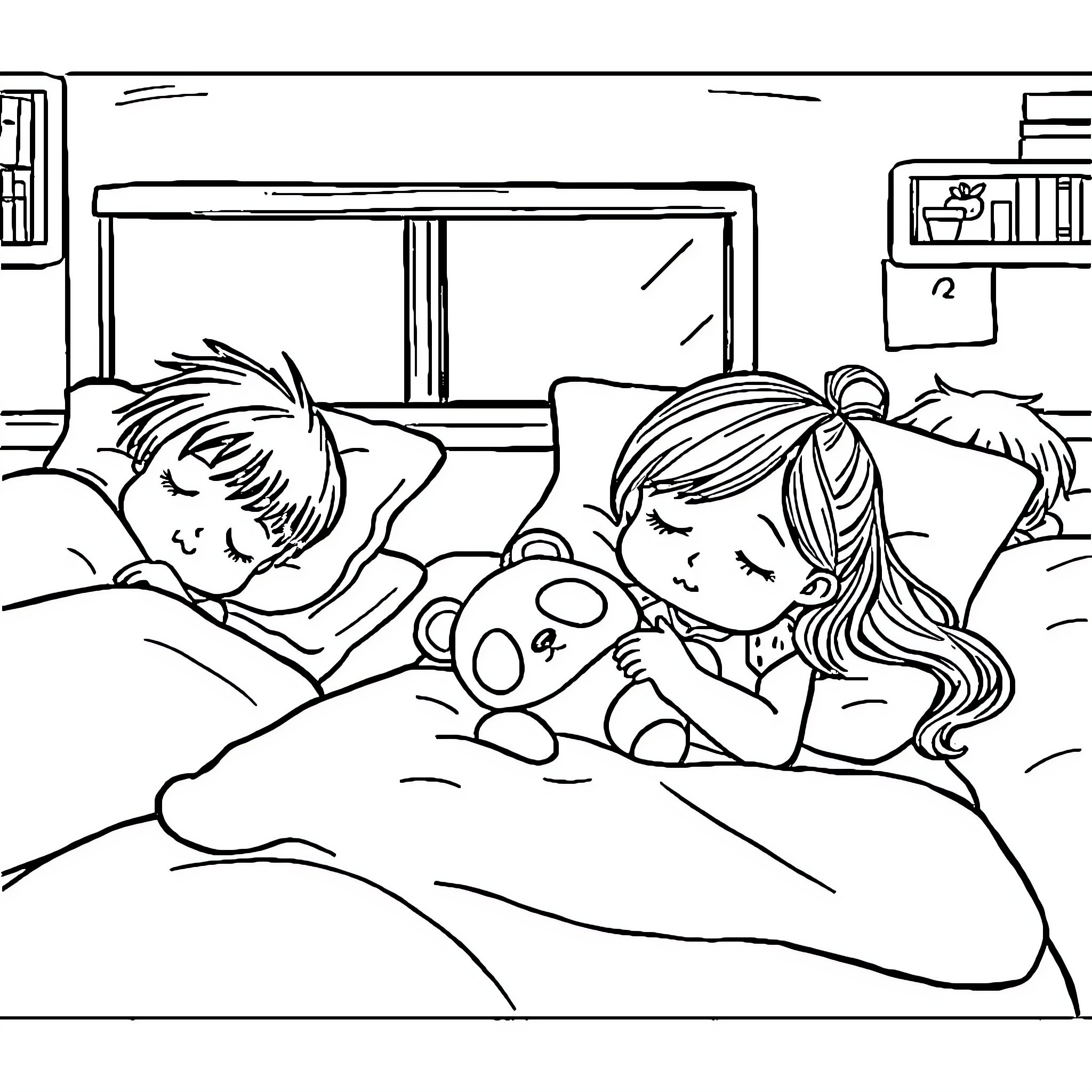 Child peacefully napping with stuffed animal Coloring Page (free black-and-white line drawing printable PDF for all, from beginners to advanced learners, including children, teens, adults, and seniors)