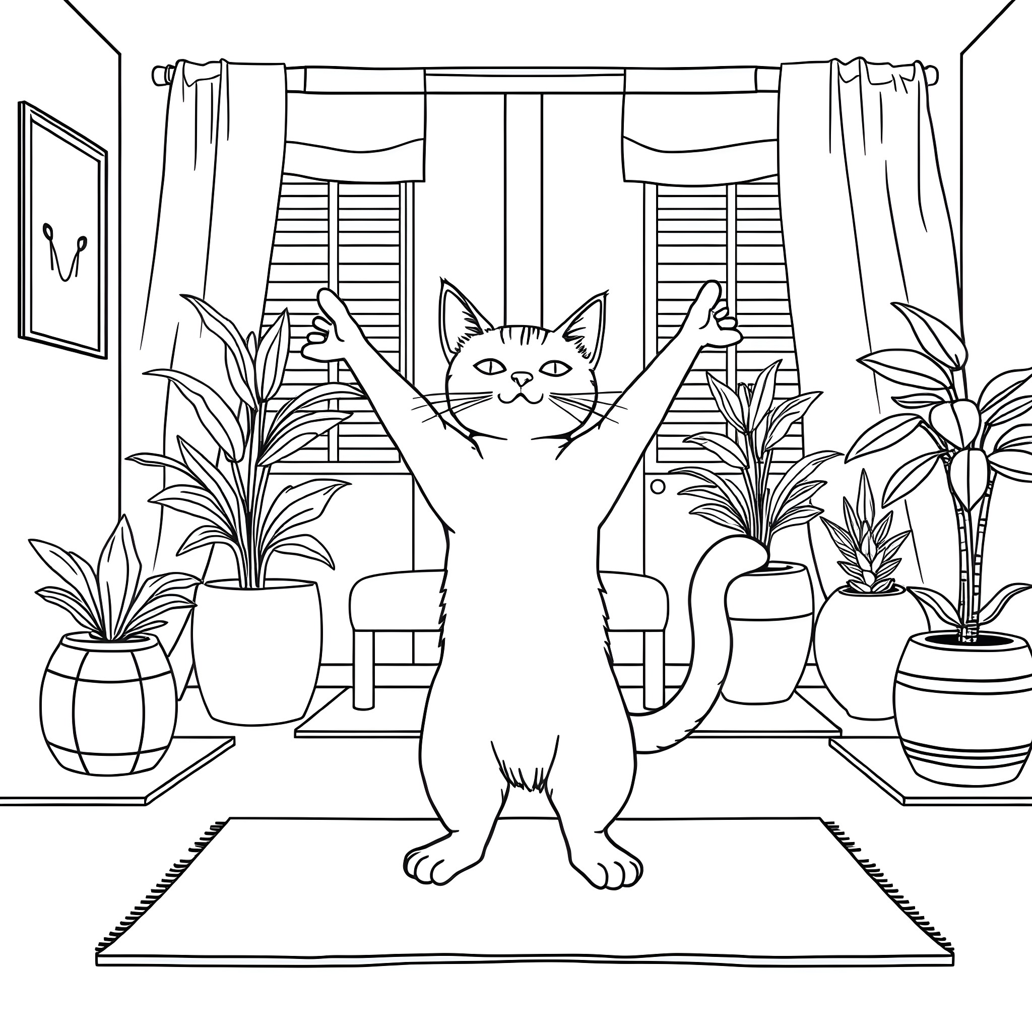 Cat doing yoga in a cozy indoor setting Coloring Page (free black-and-white line drawing printable PDF for all, from beginners to advanced learners, including children, teens, adults, and seniors)