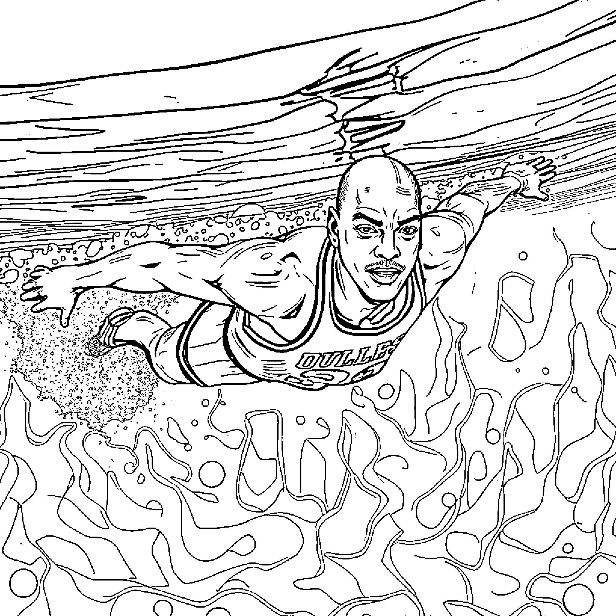 Michael Jordan diving through swirling waves Coloring Page (free black-and-white line drawing printable PDF for all, from beginners to advanced learners, including children, teens, adults, and seniors)