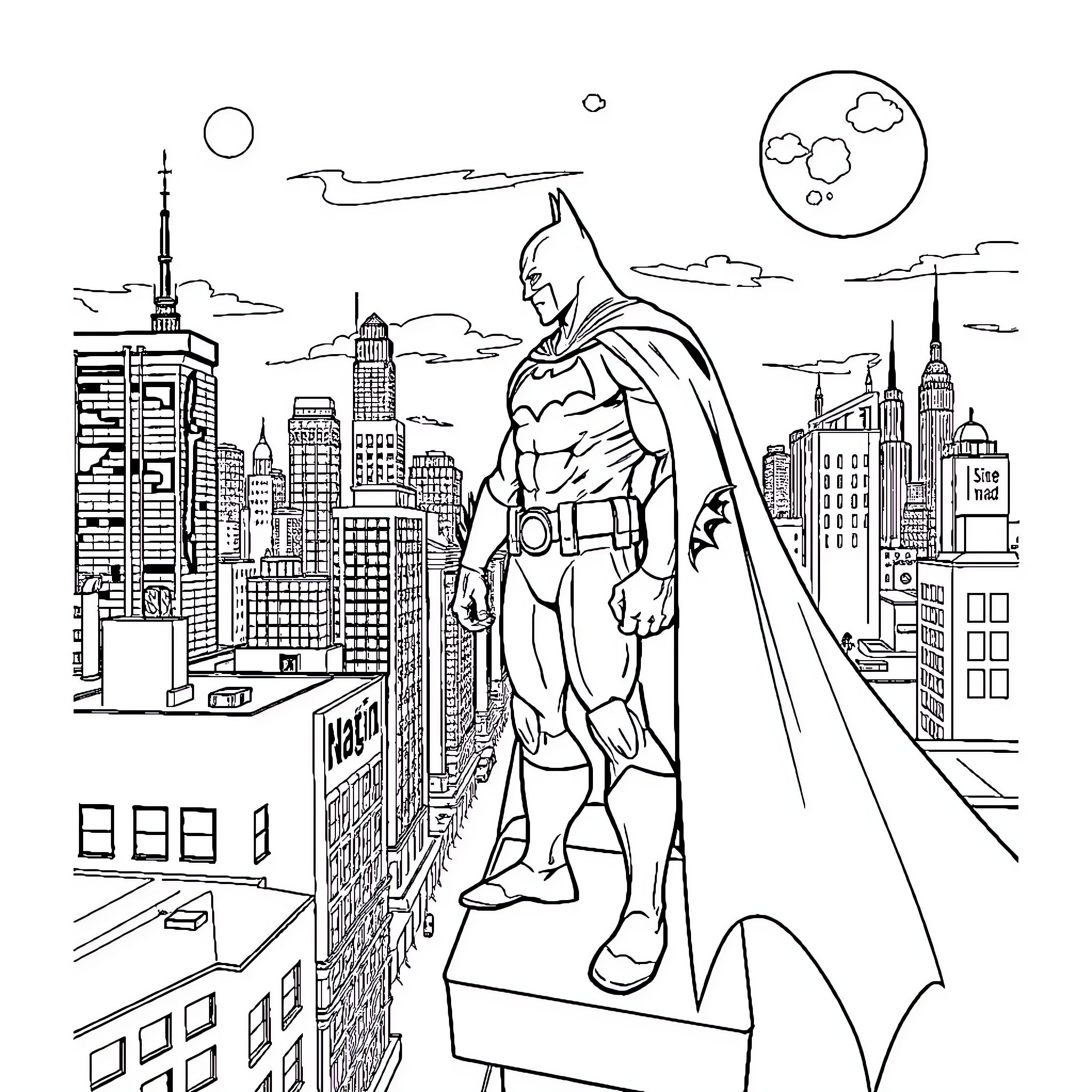 Batman surveying the city from a tall building Coloring Page (free black-and-white line drawing printable PDF for all, from beginners to advanced learners, including children, teens, adults, and seniors)