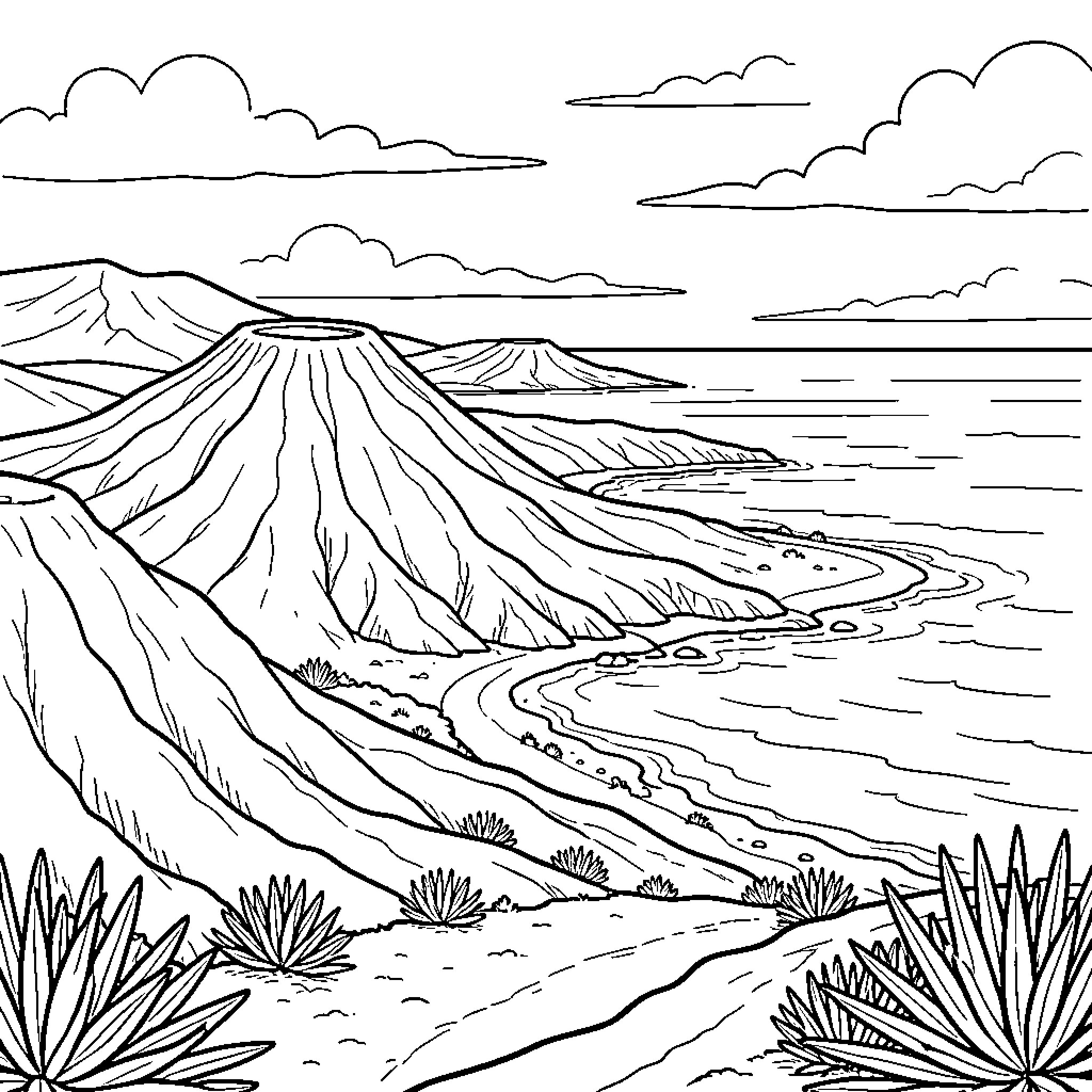 Lanzarote - Volcanic Landscape and Coastal Scenery Coloring Page (free black-and-white line drawing printable PDF for all, from beginners to advanced learners, including children, teens, adults, and seniors)