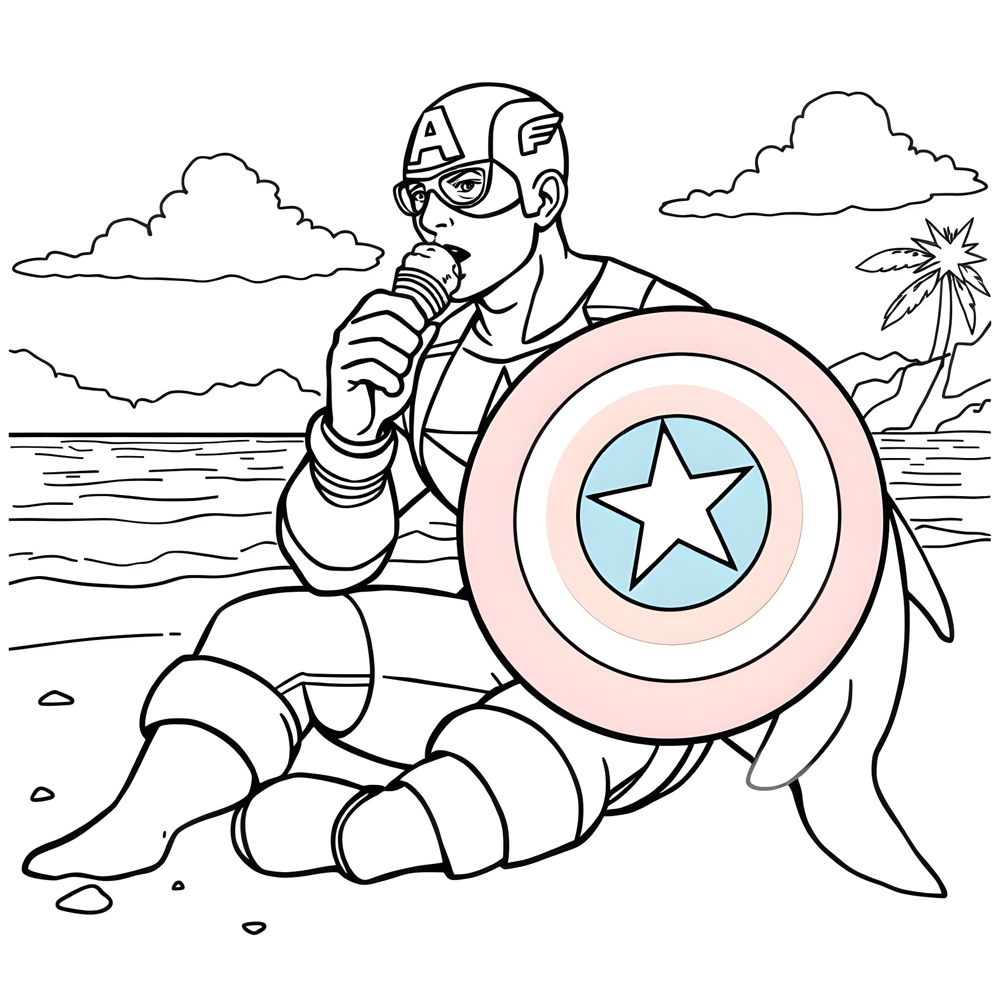 Captain America Protecting the Shield on the Beach Coloring Page (free black-and-white line drawing printable PDF for all, from beginners to advanced learners, including children, teens, adults, and seniors)