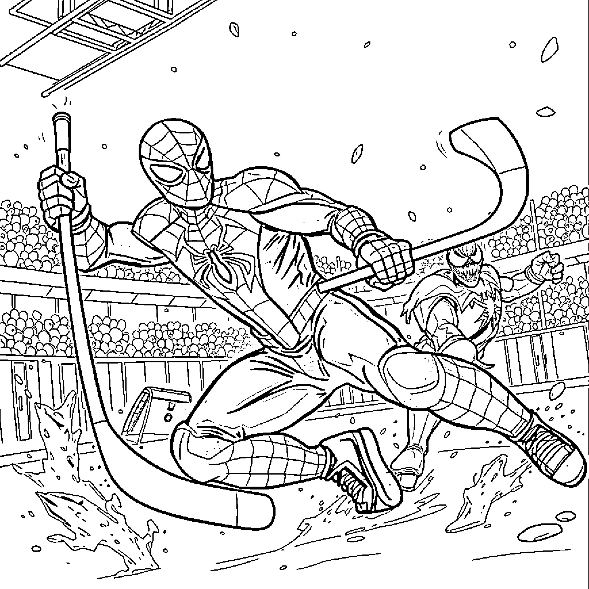 Spider-Man swinging through the city in action-packed adventure Coloring Page (free black-and-white line drawing printable PDF for all, from beginners to advanced learners, including children, teens, adults, and seniors)