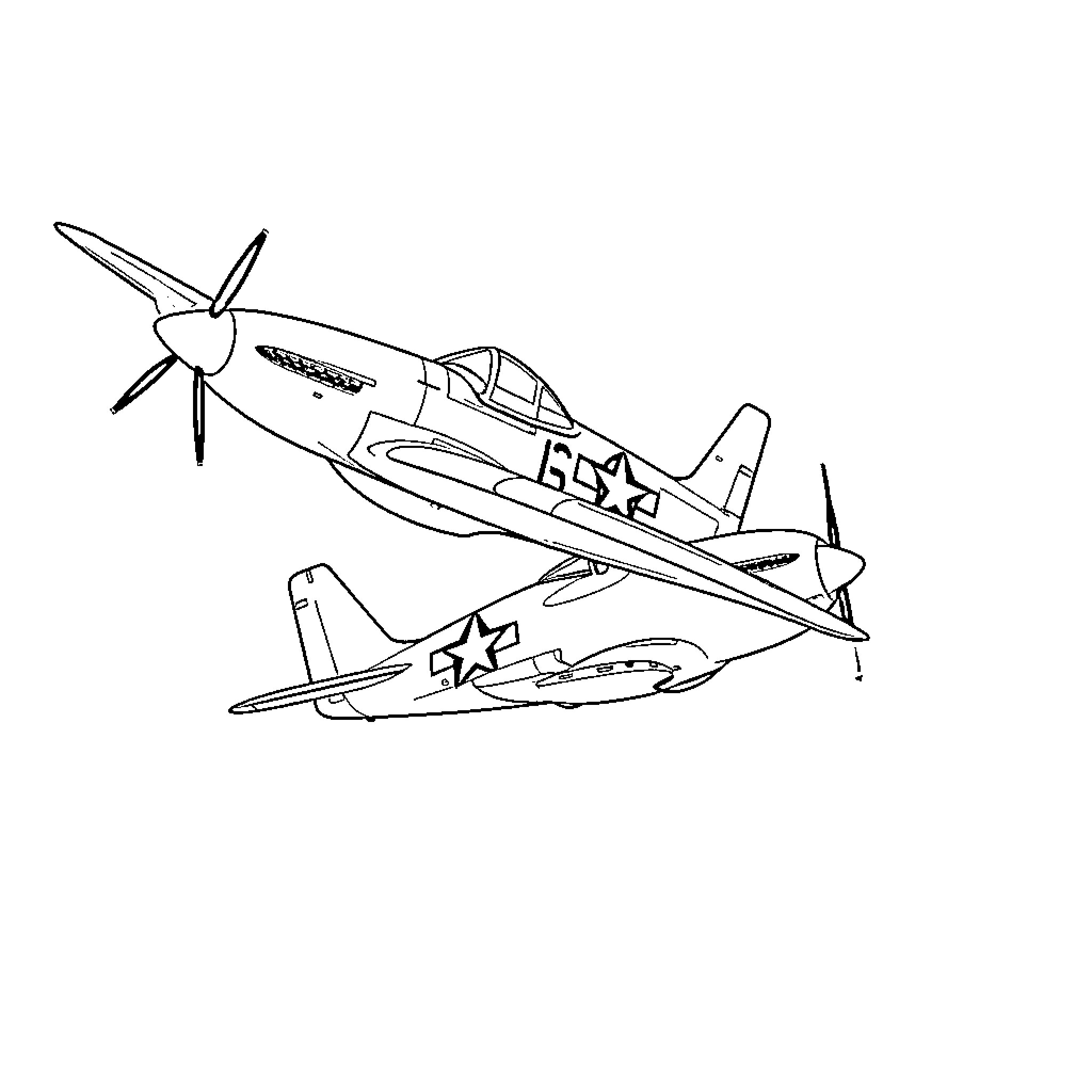 P51 Mustang fighter plane in flight Coloring Page (free black-and-white line drawing printable PDF for all, from beginners to advanced learners, including children, teens, adults, and seniors)