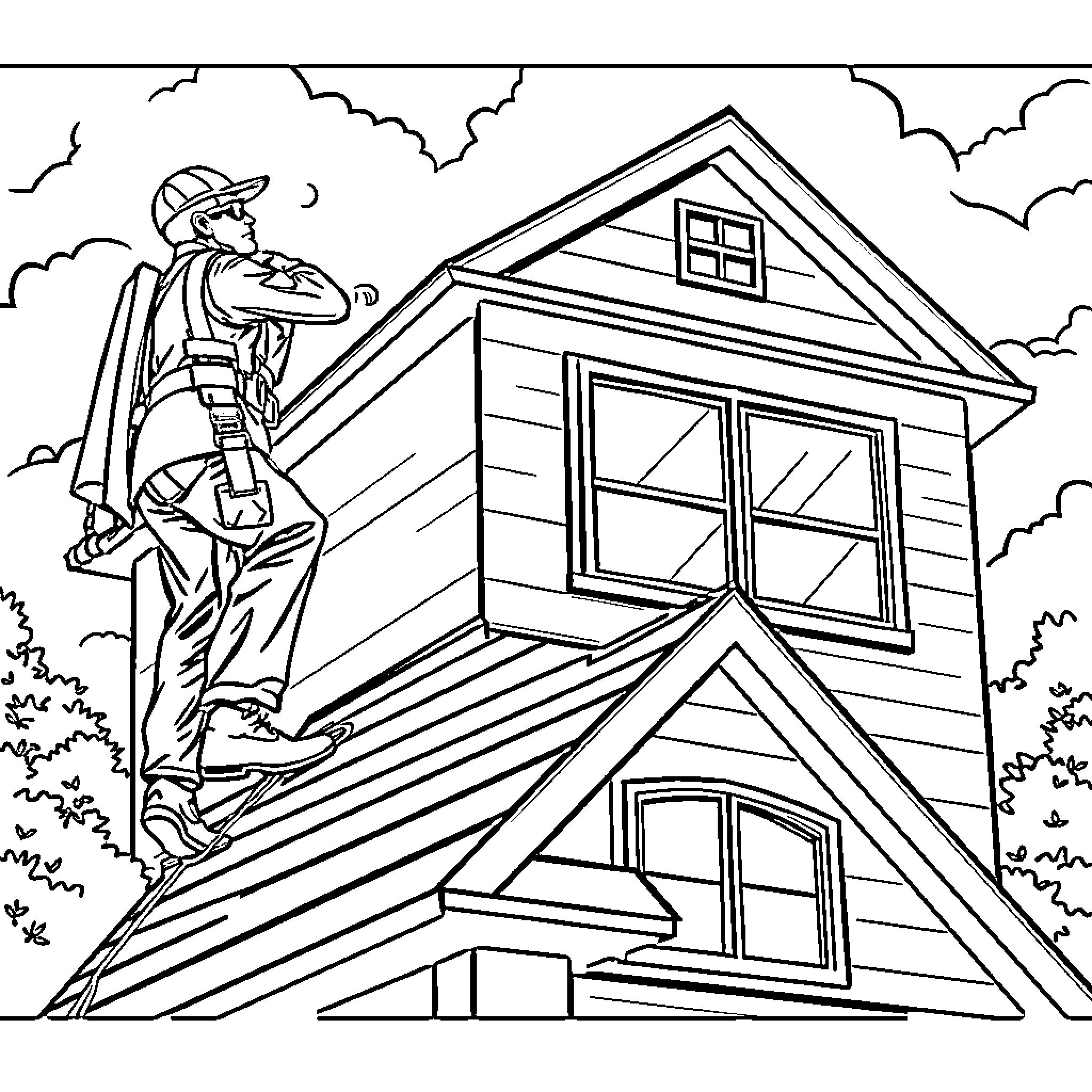 Home Inspector Examining Exterior of House Coloring Page (free black-and-white line drawing printable PDF for all, from beginners to advanced learners, including children, teens, adults, and seniors)