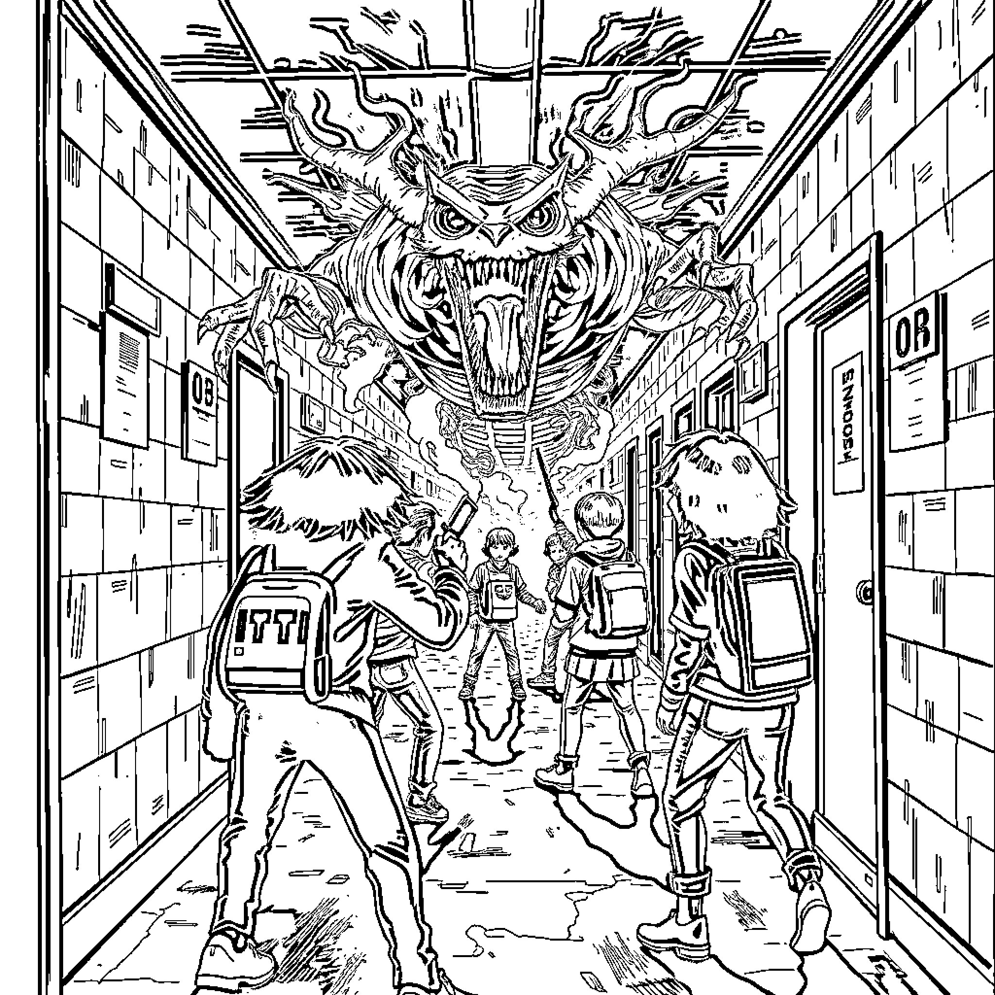 Stranger Things - Kids Facing Supernatural Creature in School Hallway Coloring Page (free black-and-white line drawing printable PDF for all, from beginners to advanced learners, including children, teens, adults, and seniors)