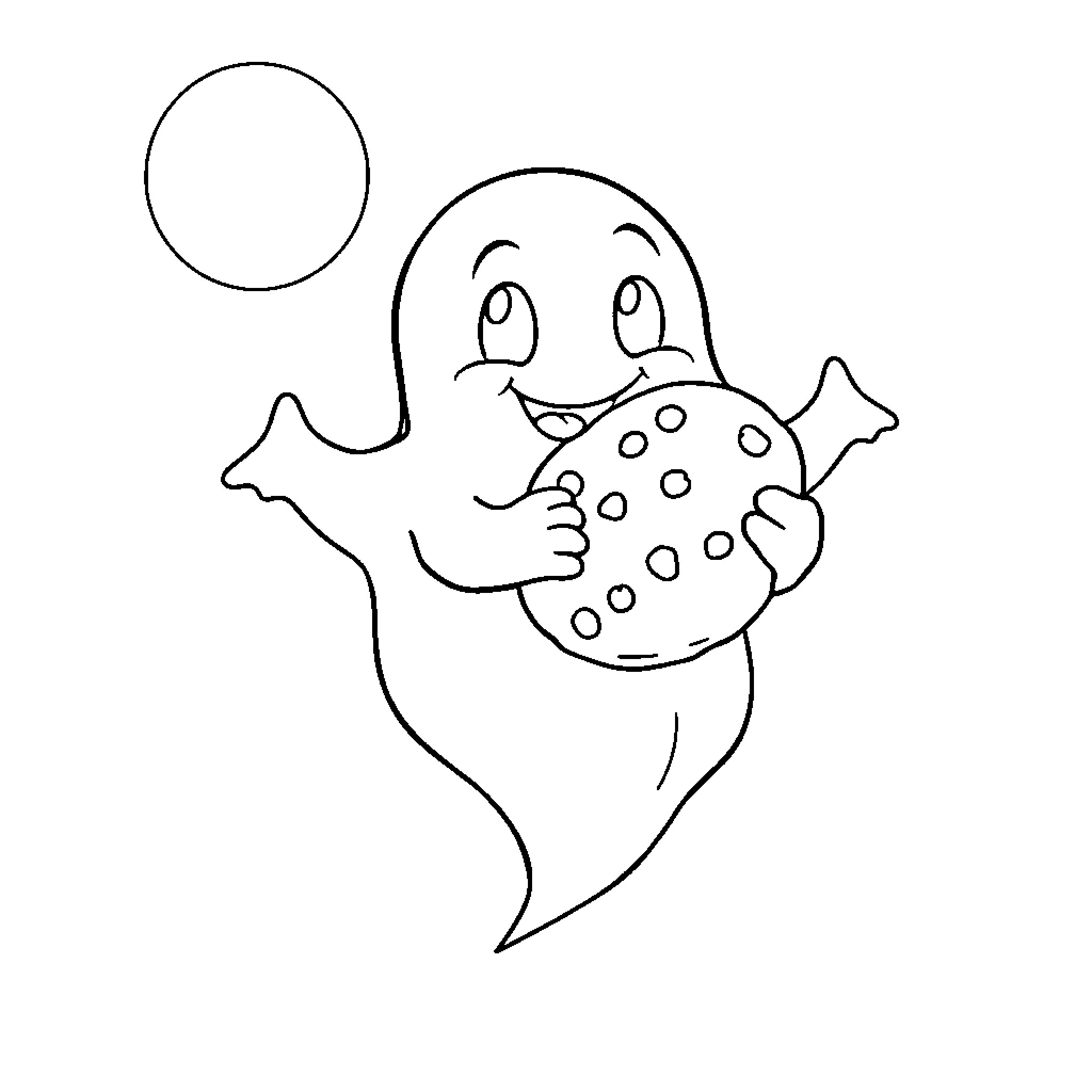 Ghost playing happily with spotted ball Coloring Page (free black-and-white line drawing printable PDF for all, from beginners to advanced learners, including children, teens, adults, and seniors)