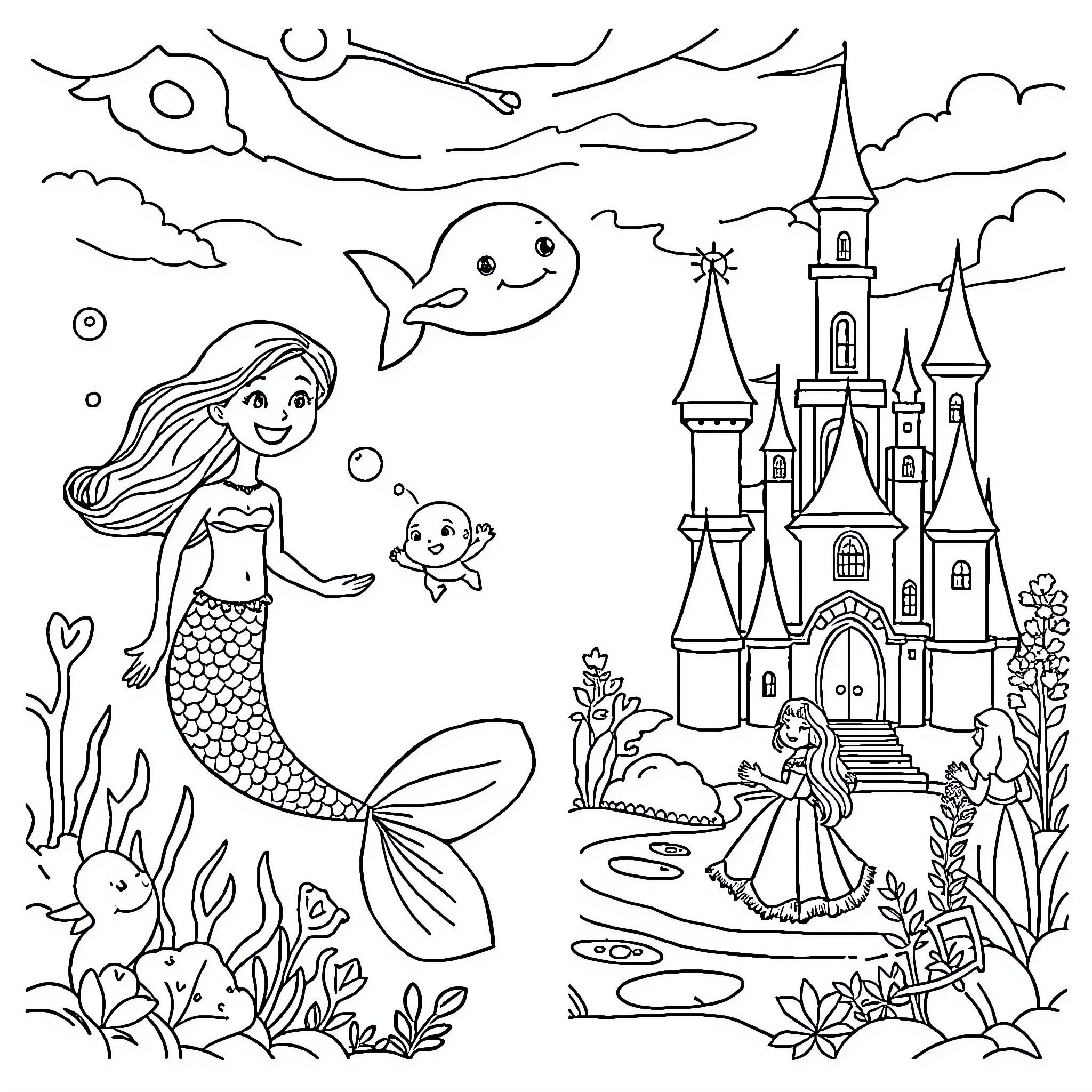 Mermaid and fairy tale castle scene Coloring Page (free black-and-white line drawing printable PDF for all, from beginners to advanced learners, including children, teens, adults, and seniors)