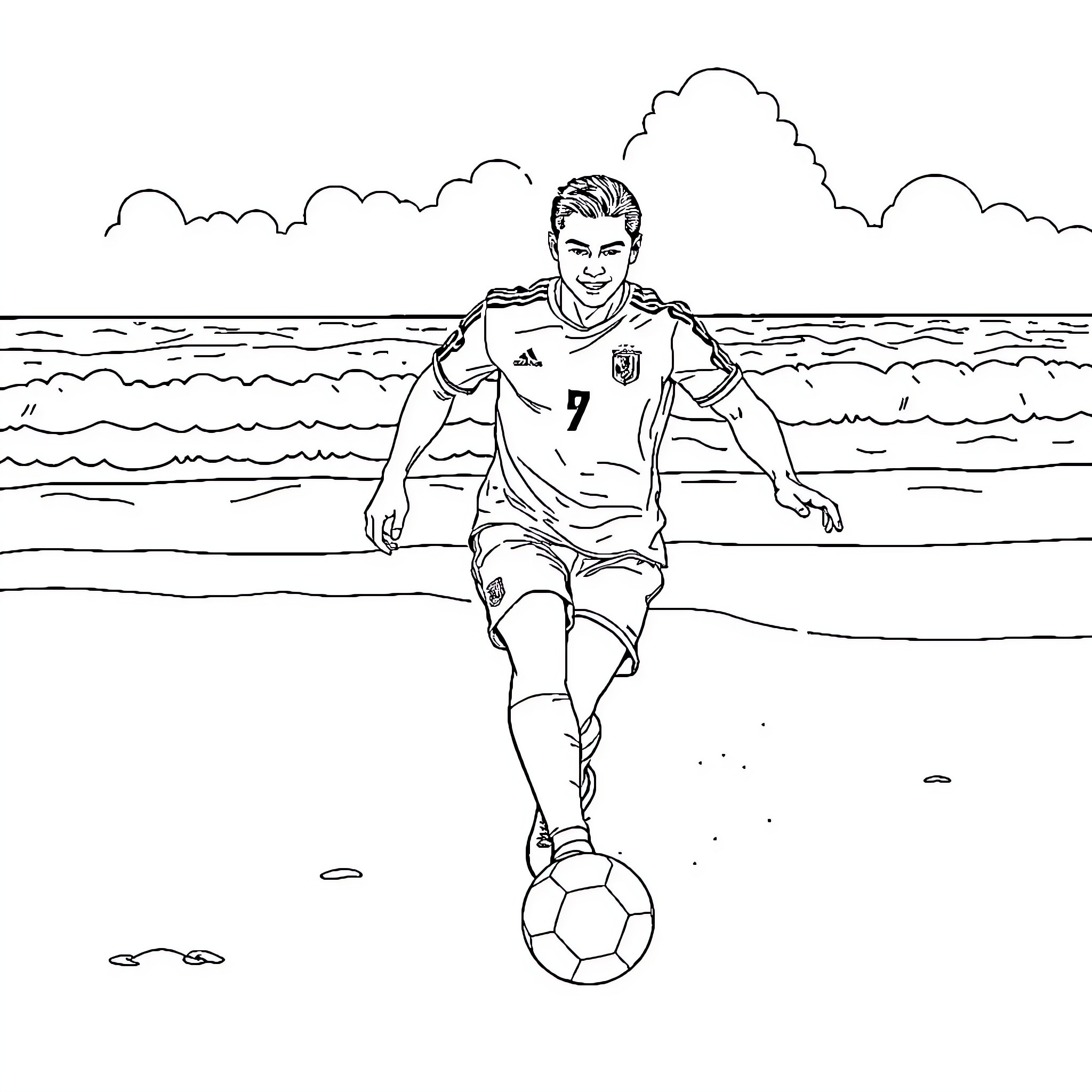 Ronaldo kicking soccer ball on beach Coloring Page (free black-and-white line drawing printable PDF for all, from beginners to advanced learners, including children, teens, adults, and seniors)