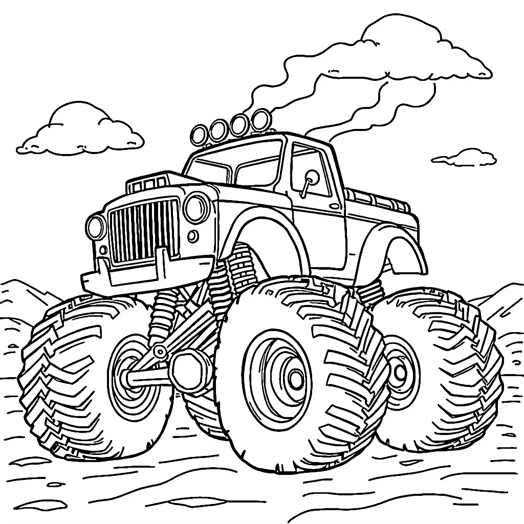 Monster Car Roaring Through the Terrain Coloring Page (free black-and-white line drawing printable PDF for all, from beginners to advanced learners, including children, teens, adults, and seniors)