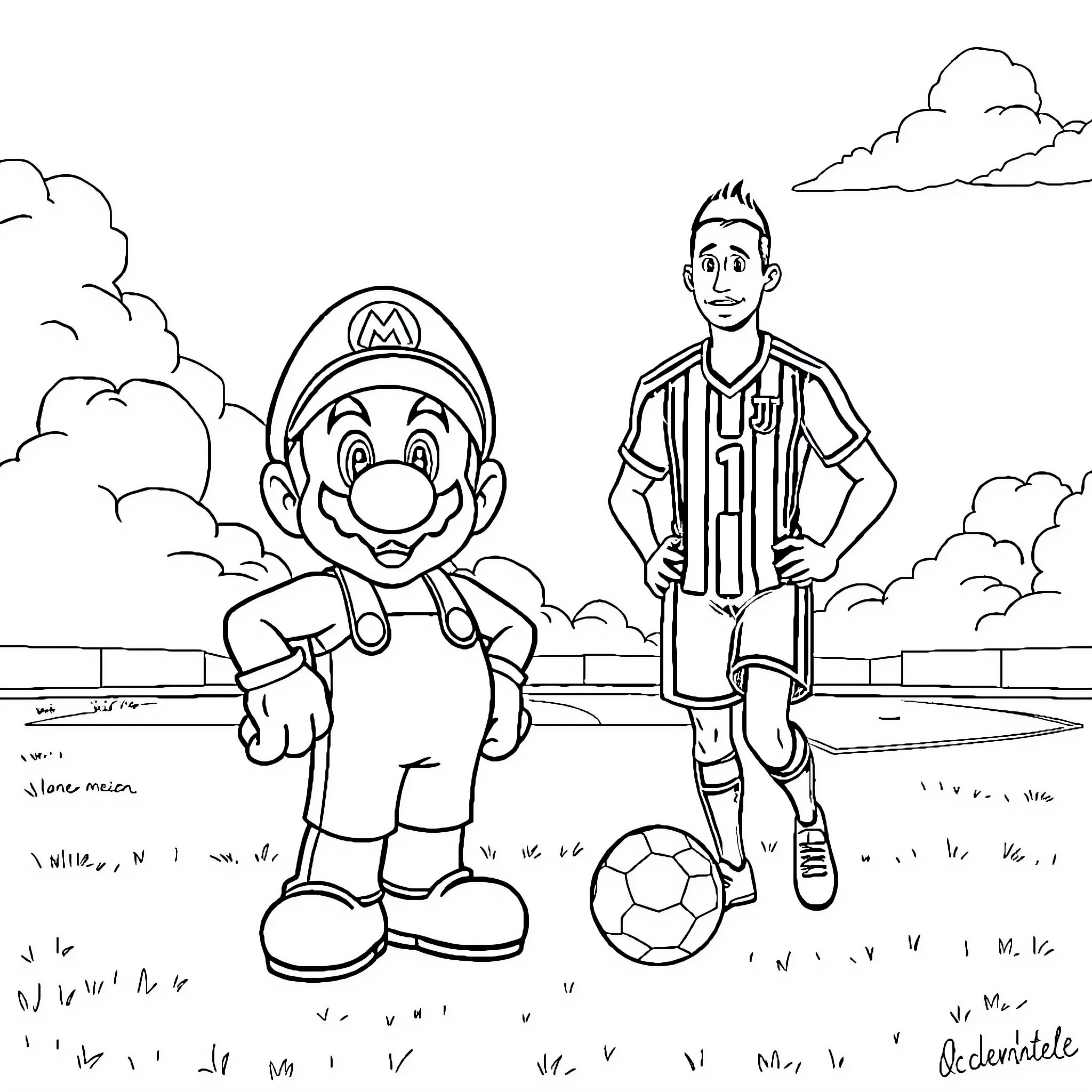 Mario and a soccer player in a playful outdoor scene Coloring Page (free black-and-white line drawing printable PDF for all, from beginners to advanced learners, including children, teens, adults, and seniors)