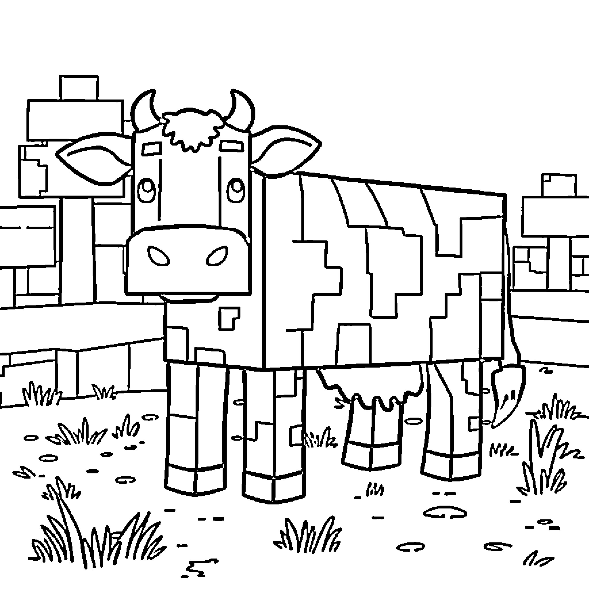 Cow grazing in a geometric farm landscape Coloring Page (free black-and-white line drawing printable PDF for all, from beginners to advanced learners, including children, teens, adults, and seniors)