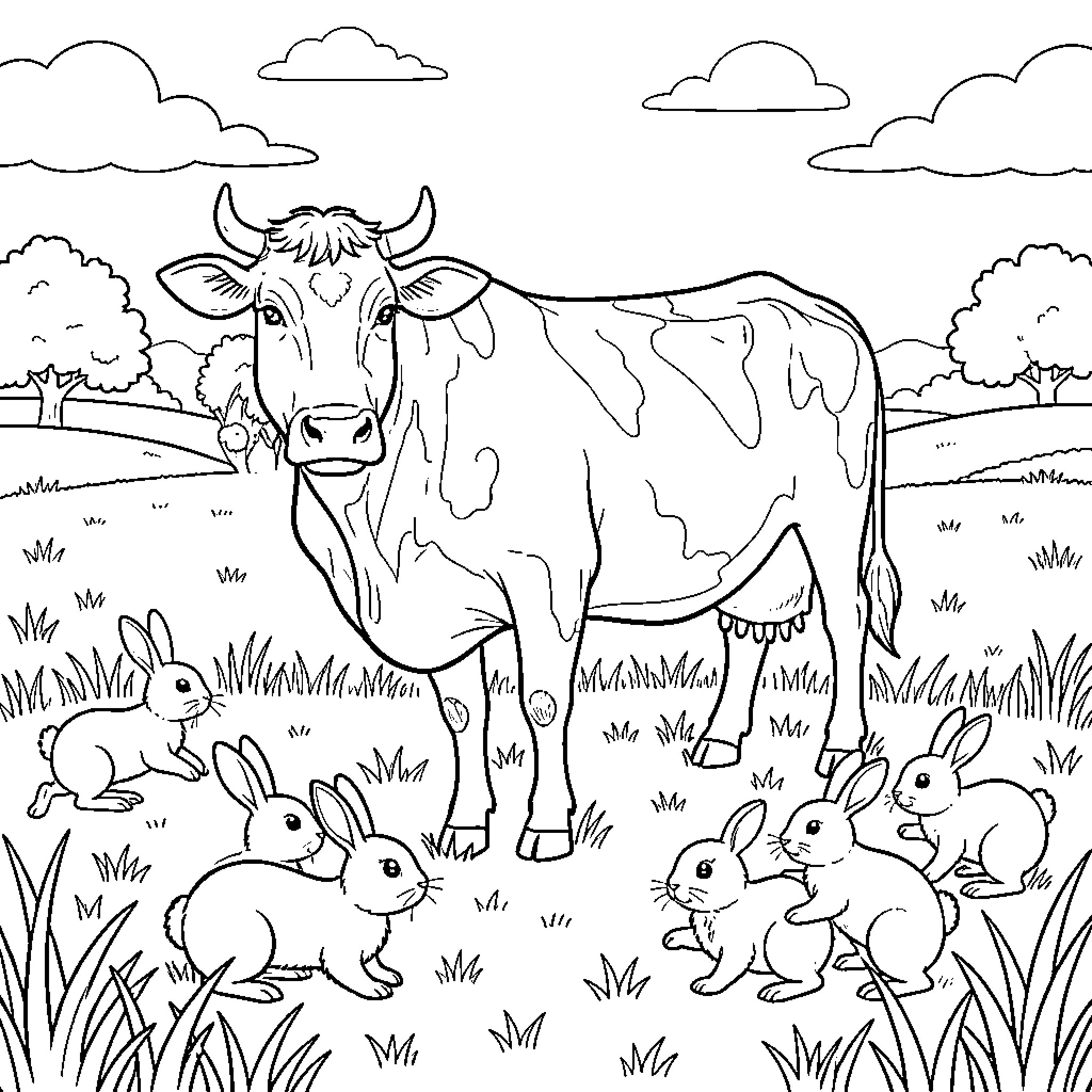 Cow and Rabbit resting together in a grassy meadow Coloring Page (free black-and-white line drawing printable PDF for all, from beginners to advanced learners, including children, teens, adults, and seniors)