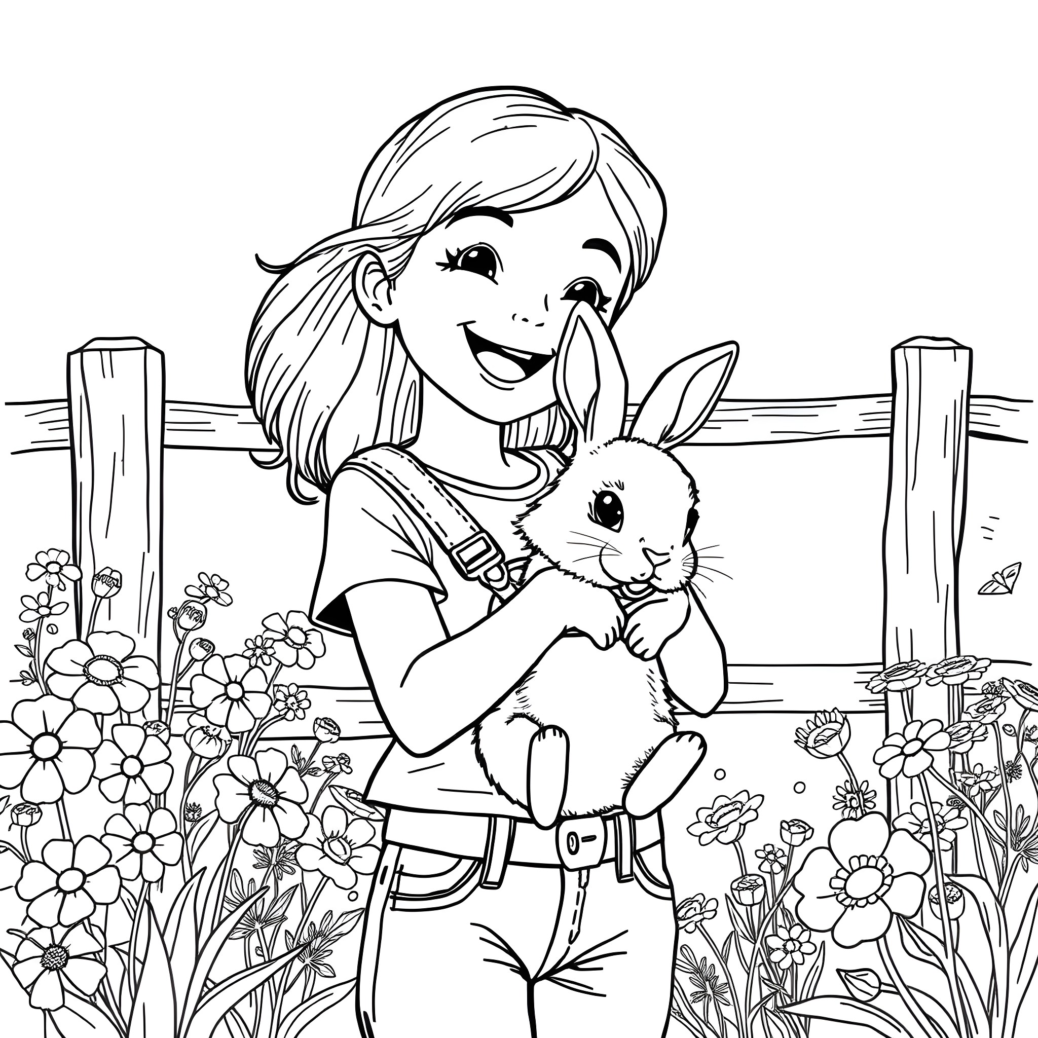 Teen Girl Hugging a Rabbit in a Floral Garden Coloring Page (free black-and-white line drawing printable PDF for all, from beginners to advanced learners, including children, teens, adults, and seniors)