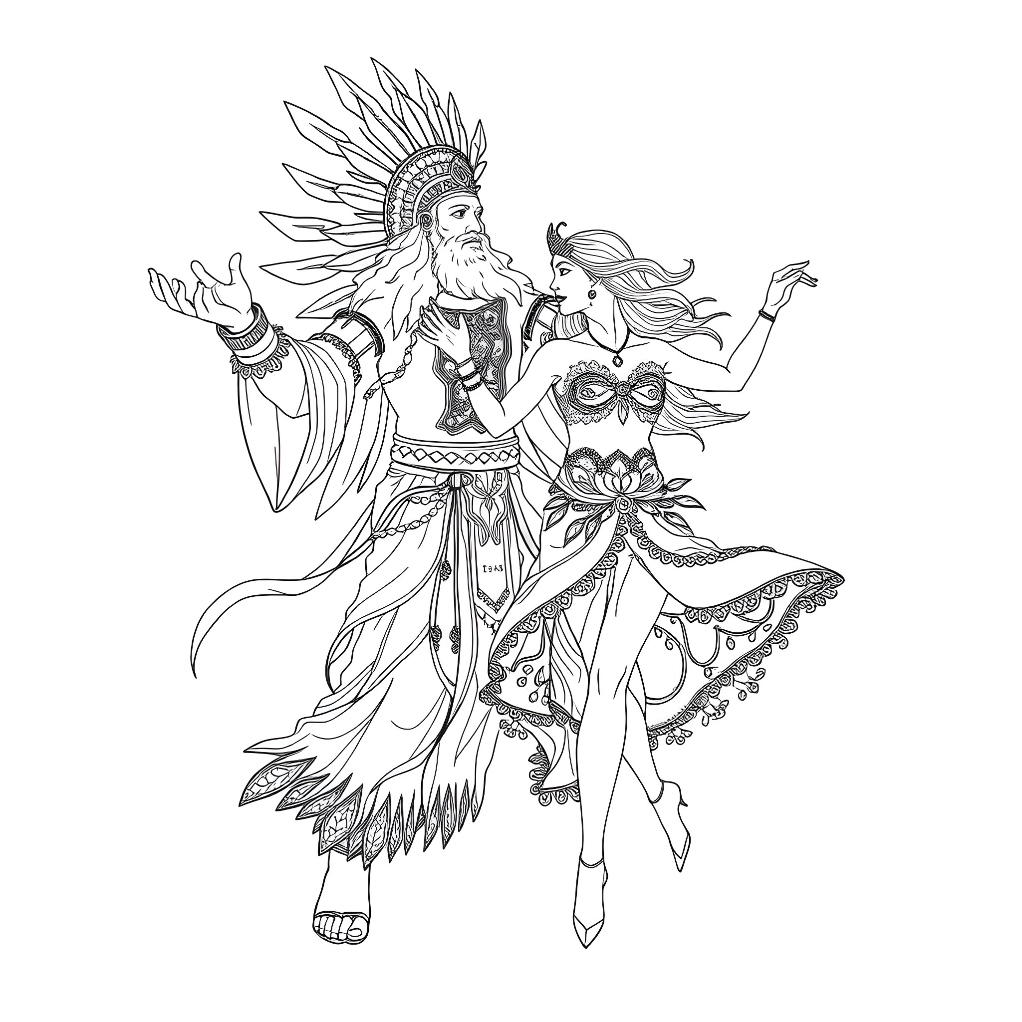 Spirit of the Tribal Dancers Coloring Page (free black-and-white line drawing printable PDF for all, from beginners to advanced learners, including children, teens, adults, and seniors)