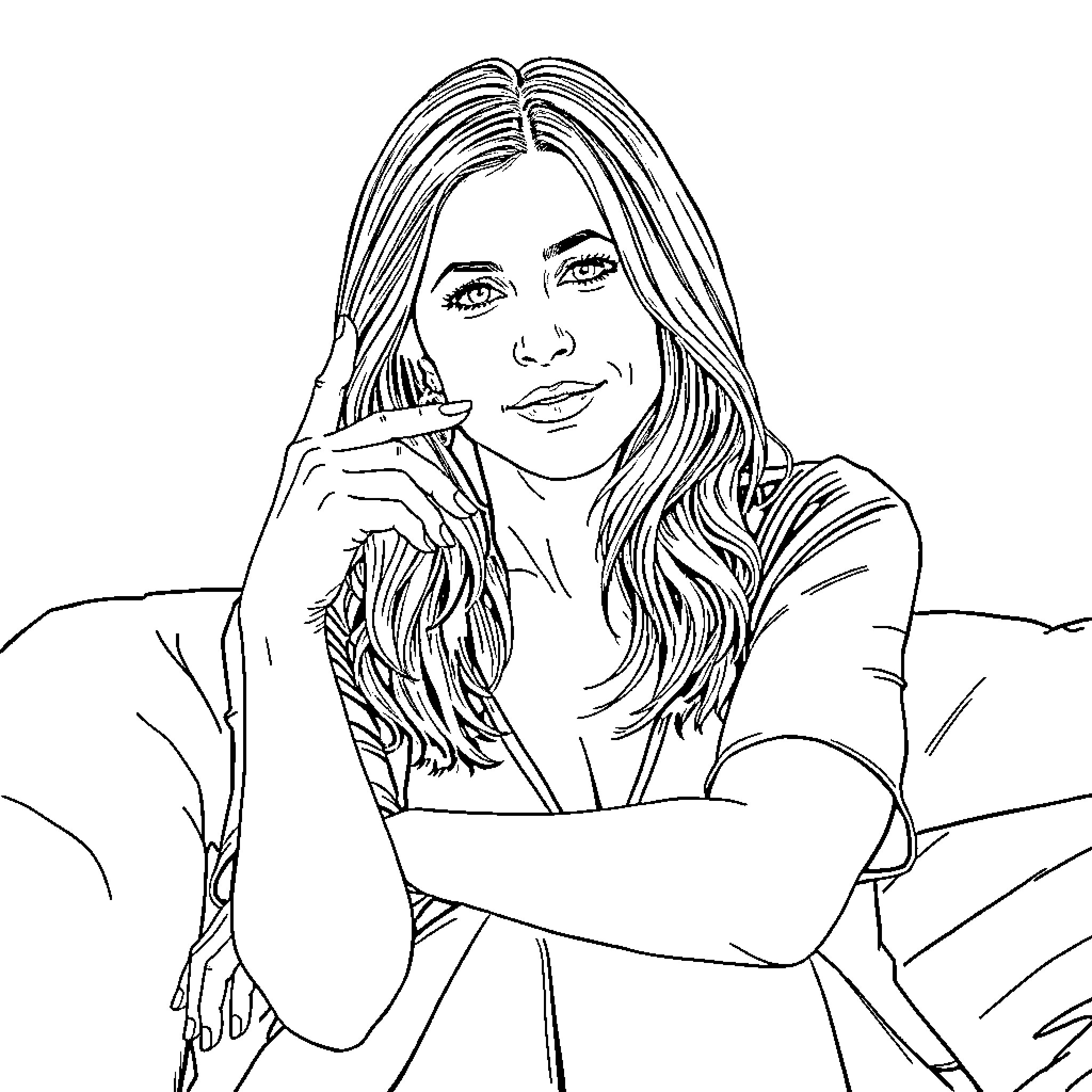 Jennifer Aniston in a thoughtful pose Coloring Page (free black-and-white line drawing printable PDF for all, from beginners to advanced learners, including children, teens, adults, and seniors)