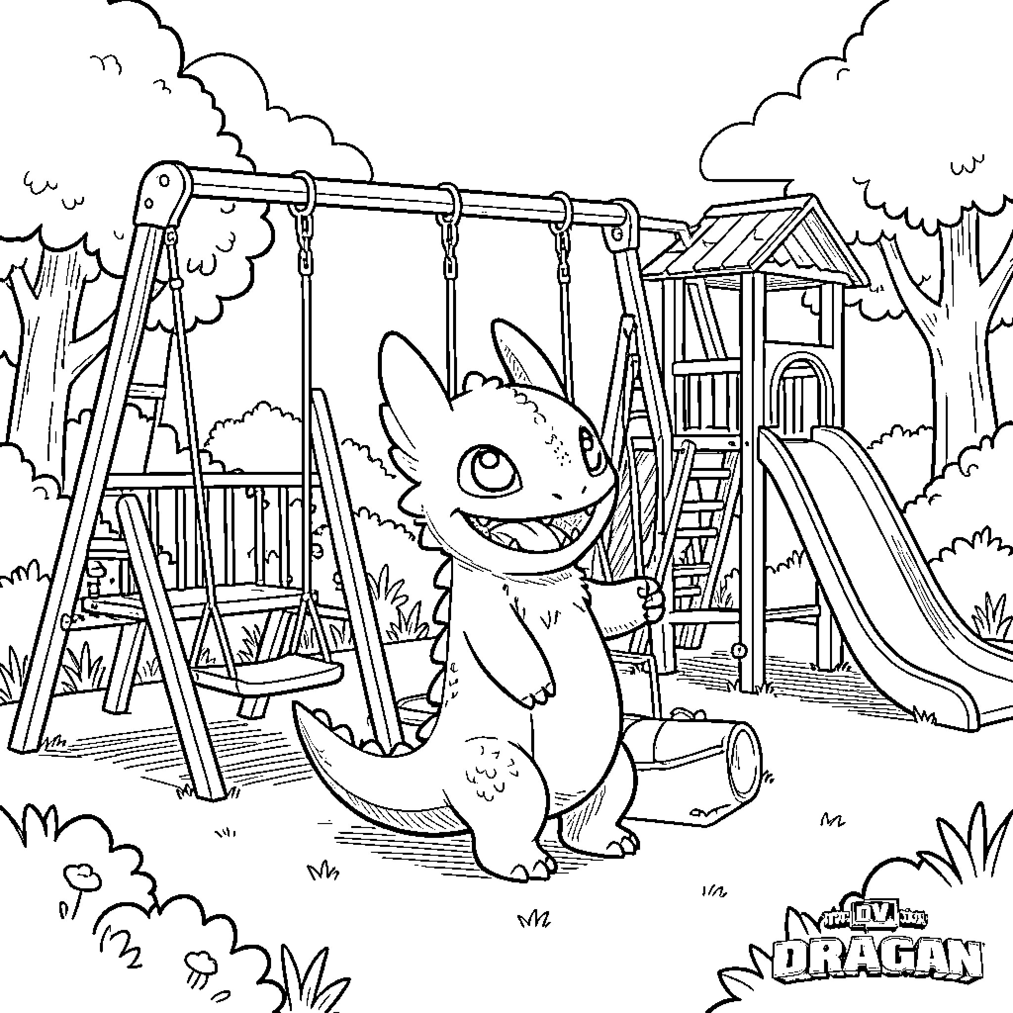 Toothless exploring a playground in the forest Coloring Page (free black-and-white line drawing printable PDF for all, from beginners to advanced learners, including children, teens, adults, and seniors)