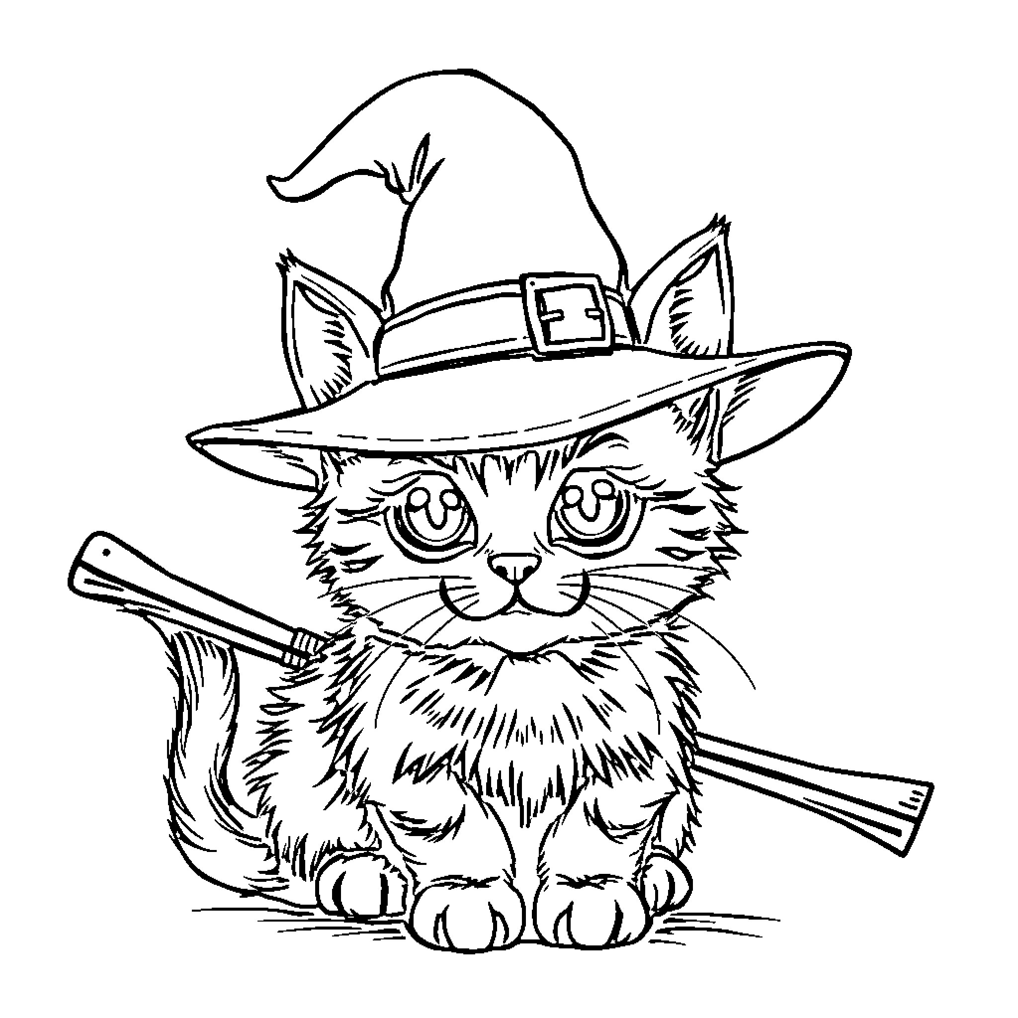 Witch's Furry Familiar with Broomstick Coloring Page (free black-and-white line drawing printable PDF for all, from beginners to advanced learners, including children, teens, adults, and seniors)