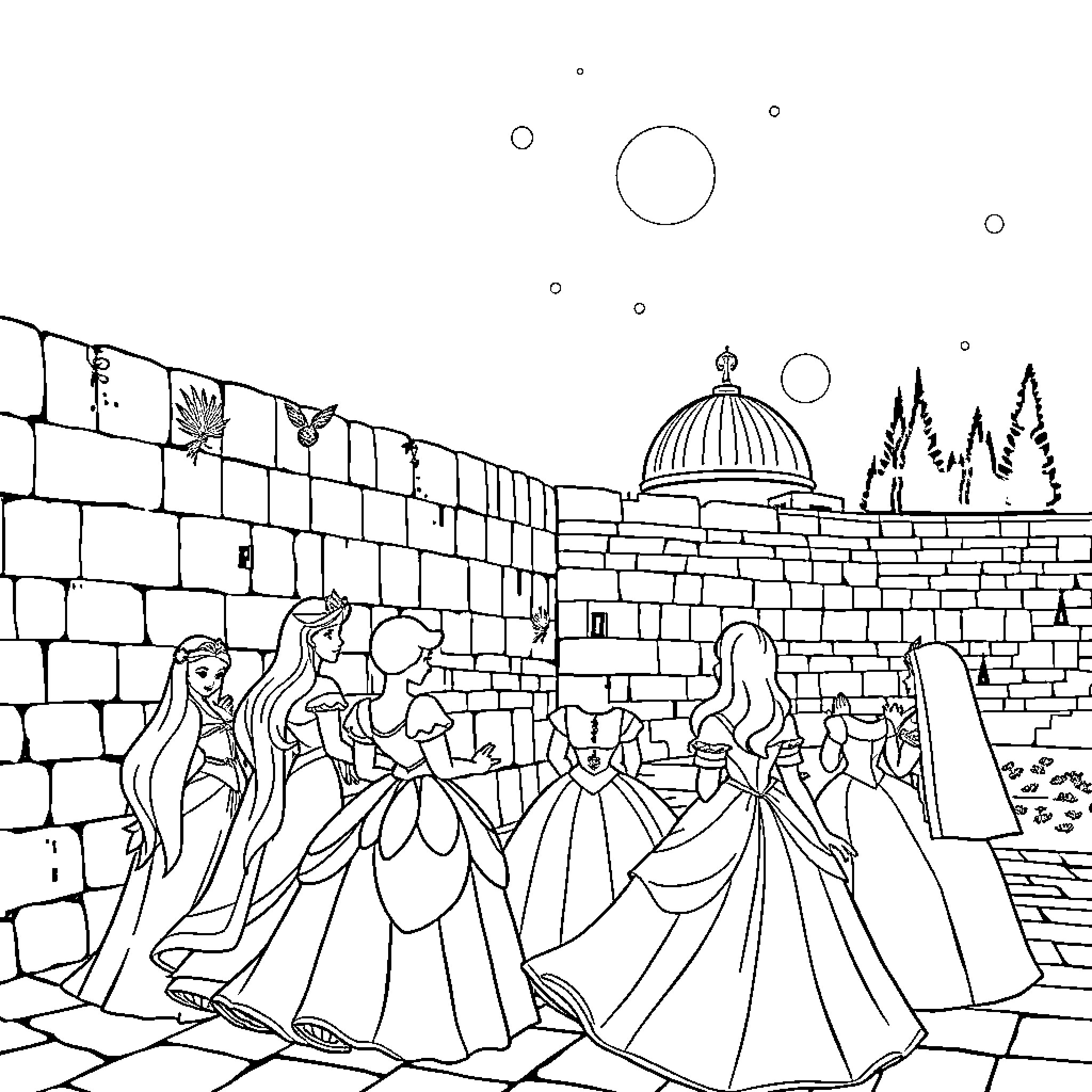 Disney Princess Royal Procession in the Palace Courtyard Coloring Page (free black-and-white line drawing printable PDF for all, from beginners to advanced learners, including children, teens, adults, and seniors)