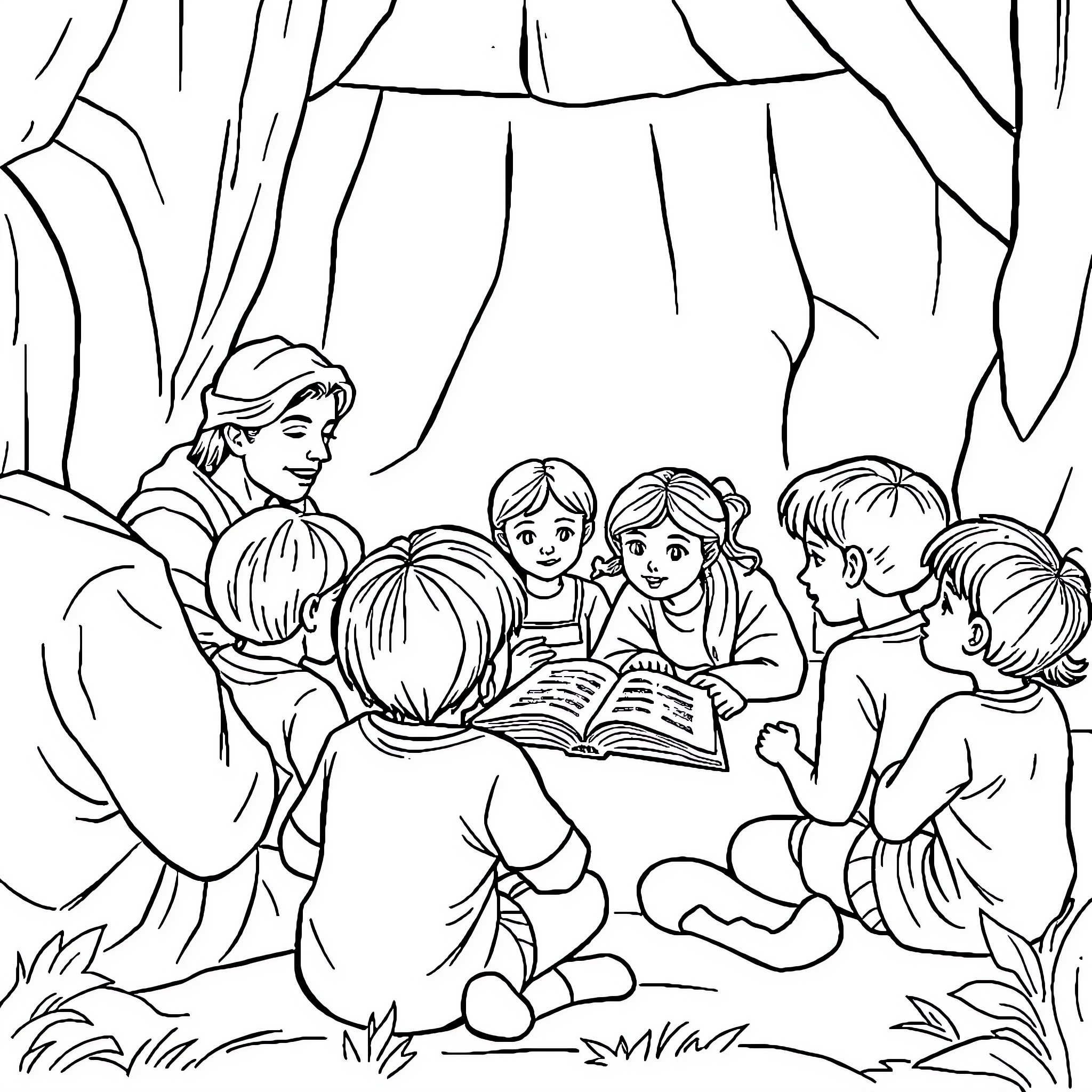 Bible story reading by teacher and children Coloring Page (free black-and-white line drawing printable PDF for all, from beginners to advanced learners, including children, teens, adults, and seniors)