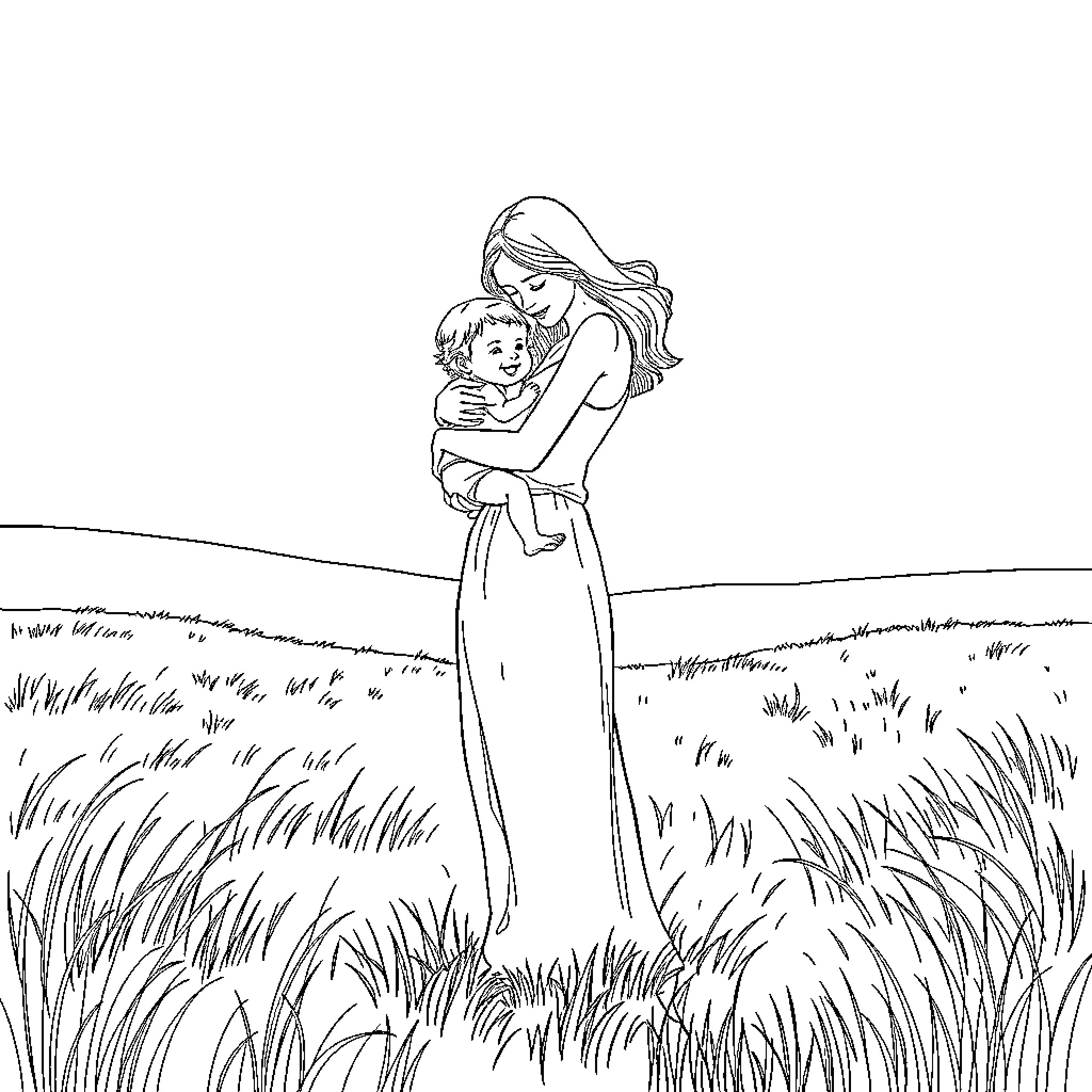 Mother embracing child tenderly in a grassy field Coloring Page (free black-and-white line drawing printable PDF for all, from beginners to advanced learners, including children, teens, adults, and seniors)