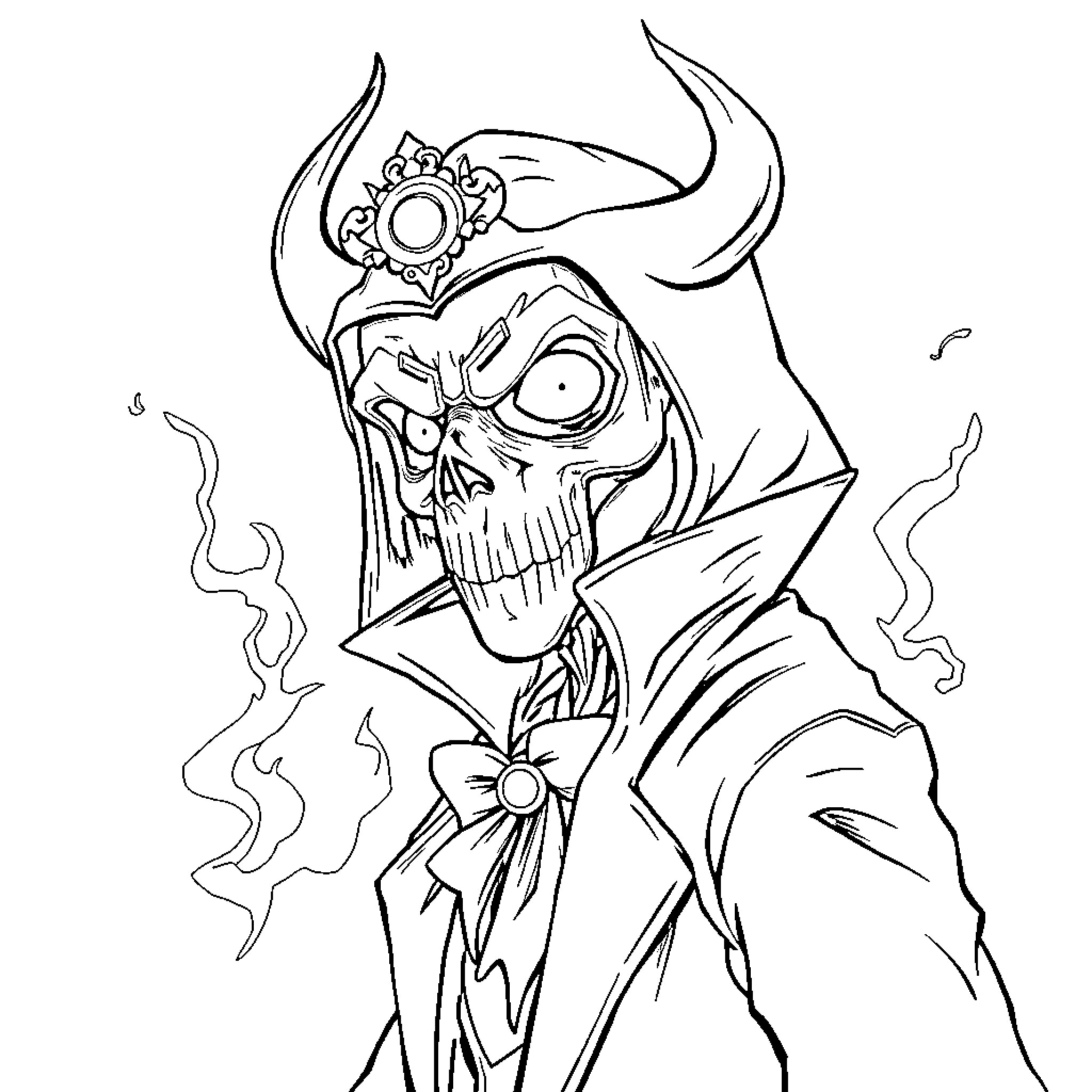 Capuchino's Sinister Sorcerer Visage Coloring Page (free black-and-white line drawing printable PDF for all, from beginners to advanced learners, including children, teens, adults, and seniors)