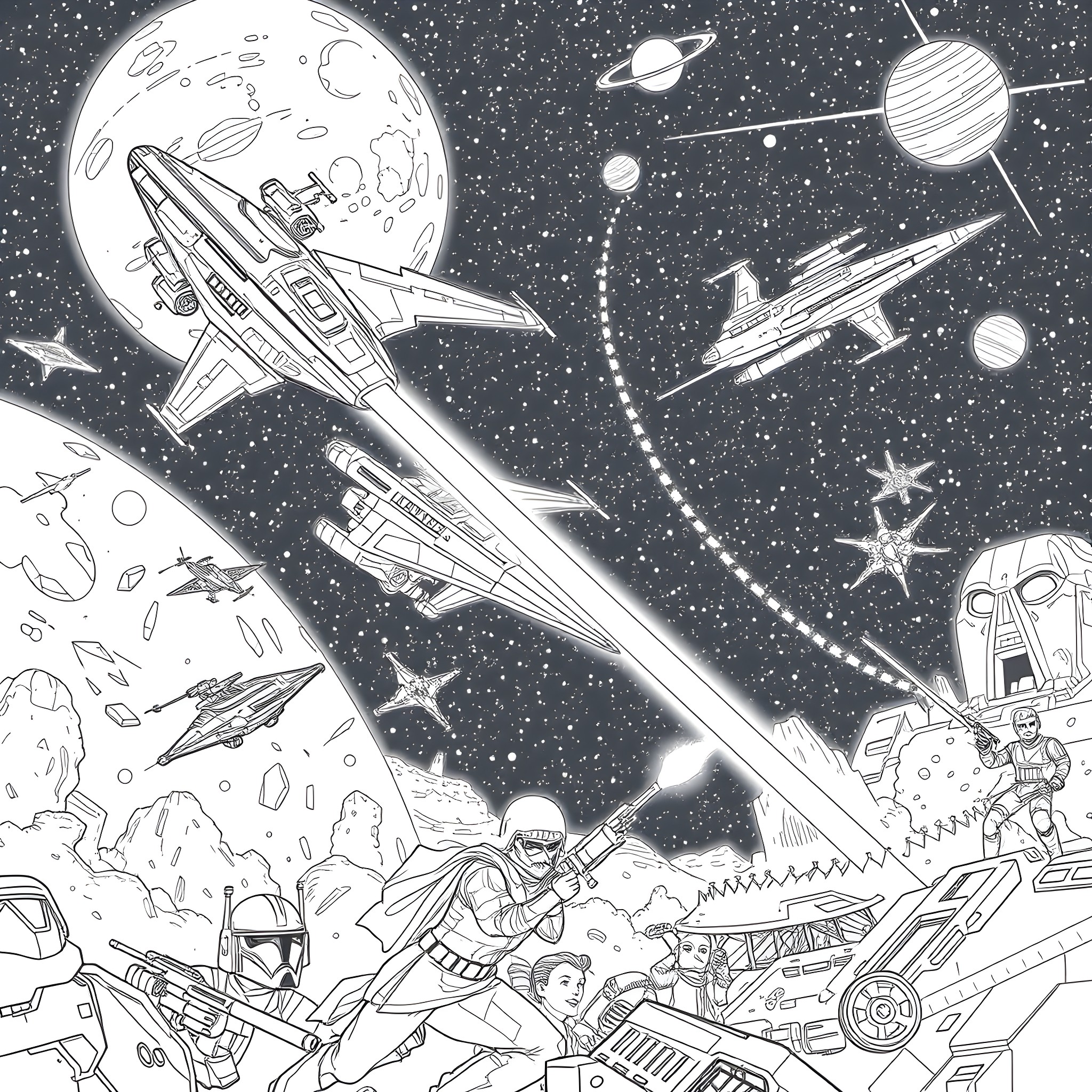 Star Wars Sci-Fi Spaceship Battle in the Galaxy Coloring Page (free black-and-white line drawing printable PDF for all, from beginners to advanced learners, including children, teens, adults, and seniors)