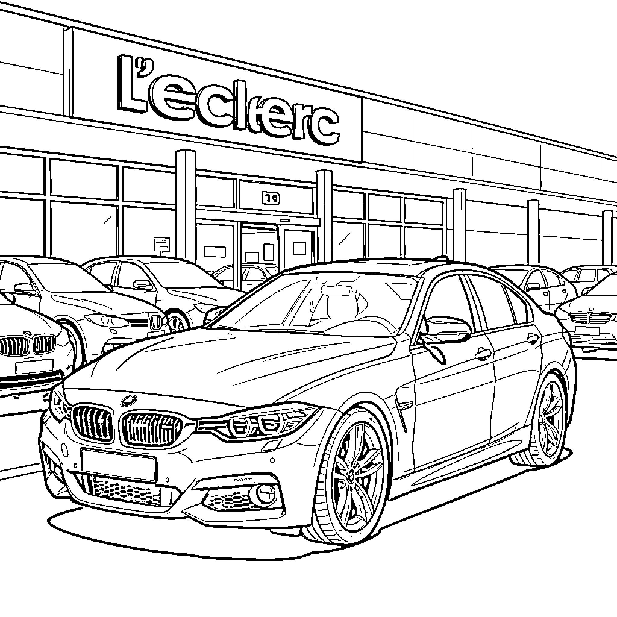 BMW cars in the supermarket parking lot Coloring Page (free black-and-white line drawing printable PDF for all, from beginners to advanced learners, including children, teens, adults, and seniors)