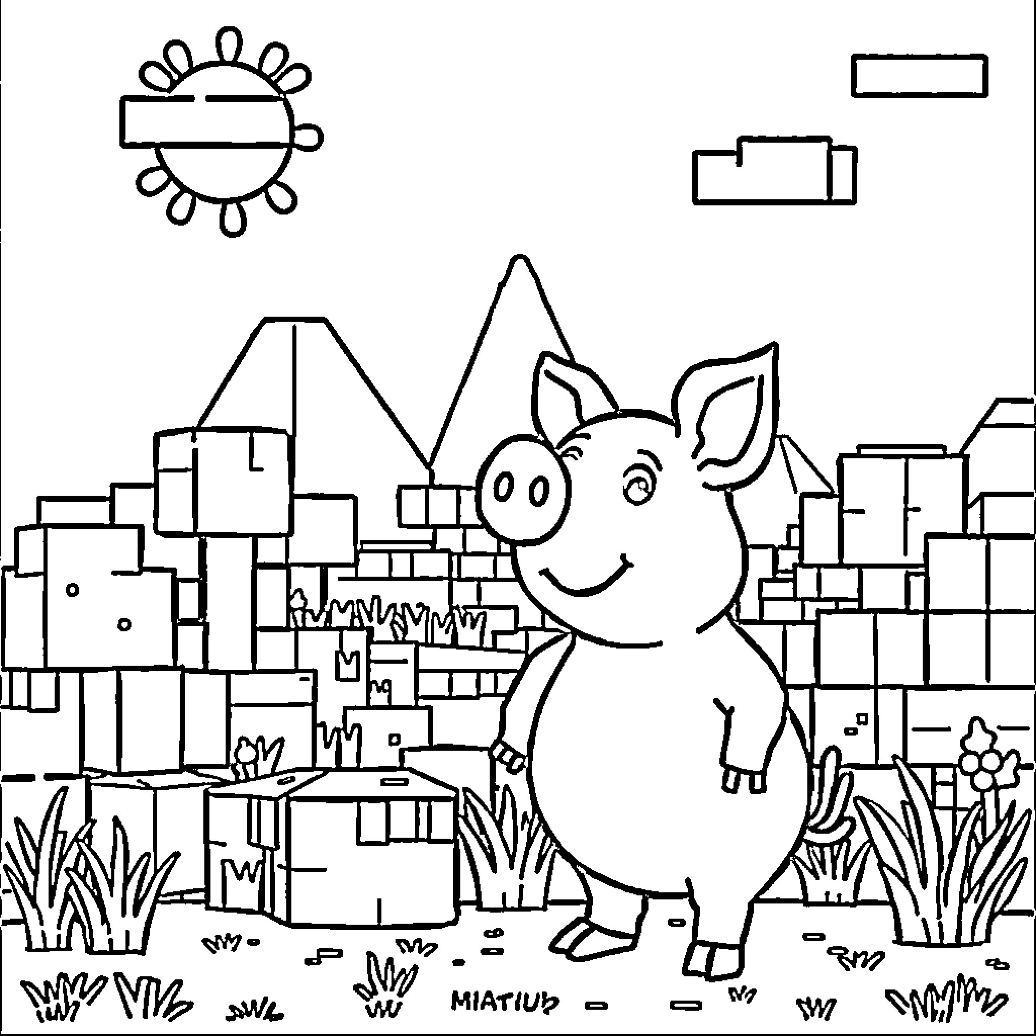 Pepper Pig enjoying a colorful town scene Coloring Page (free black-and-white line drawing printable PDF for all, from beginners to advanced learners, including children, teens, adults, and seniors)