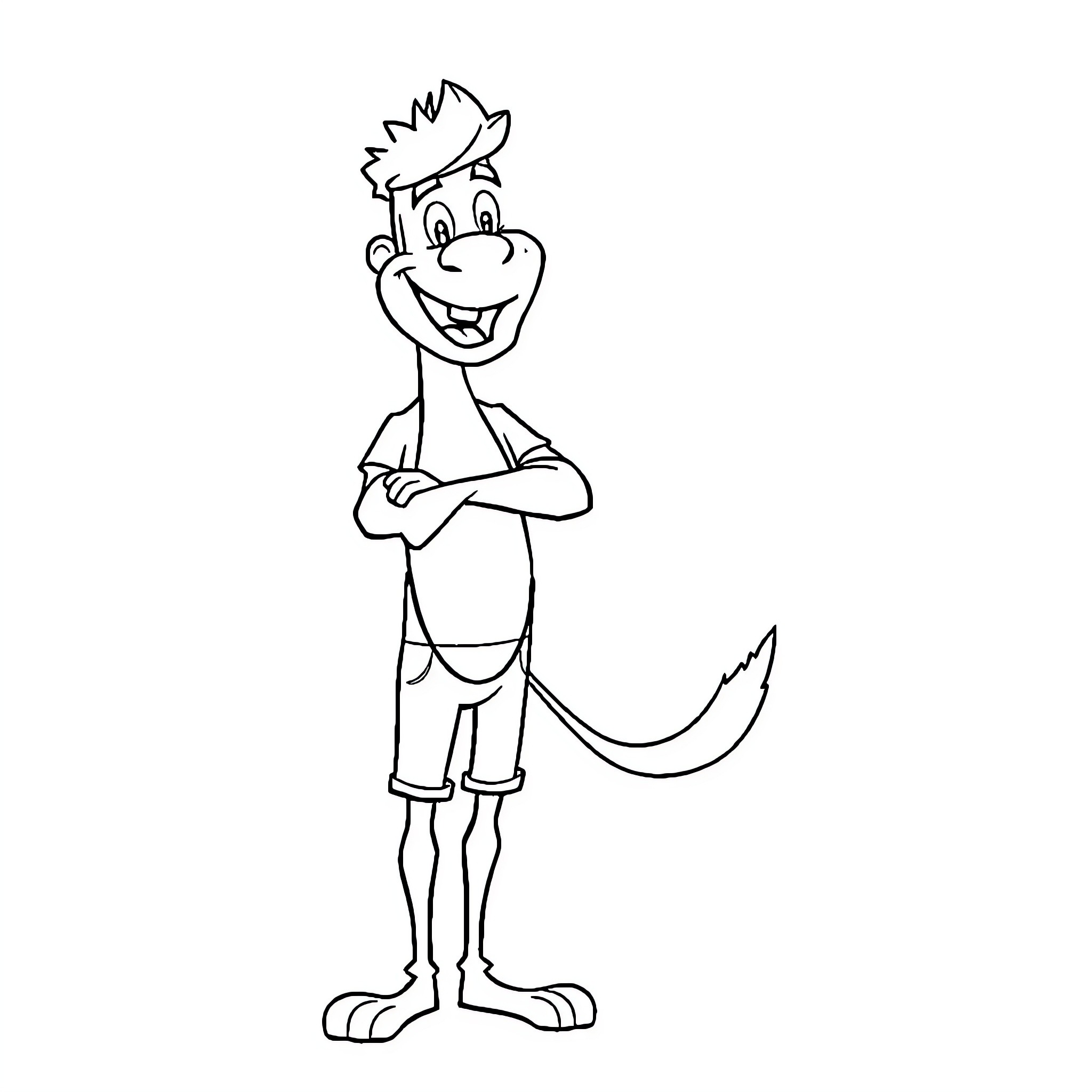 Du Smiling cartoon character with arms crossed Coloring Page (free black-and-white line drawing printable PDF for all, from beginners to advanced learners, including children, teens, adults, and seniors)