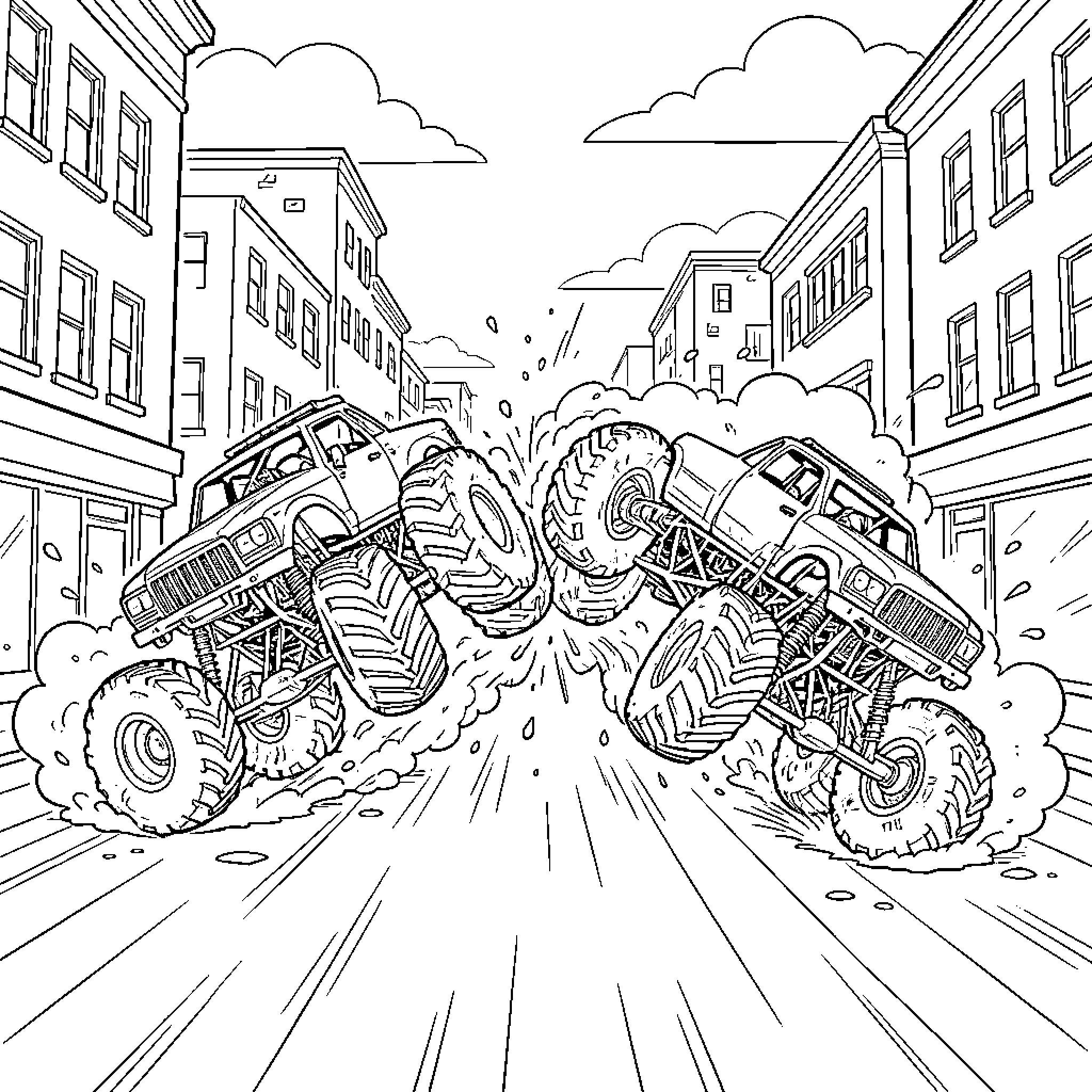 Monster Truck performing stunts on a city street Coloring Page (free black-and-white line drawing printable PDF for all, from beginners to advanced learners, including children, teens, adults, and seniors)