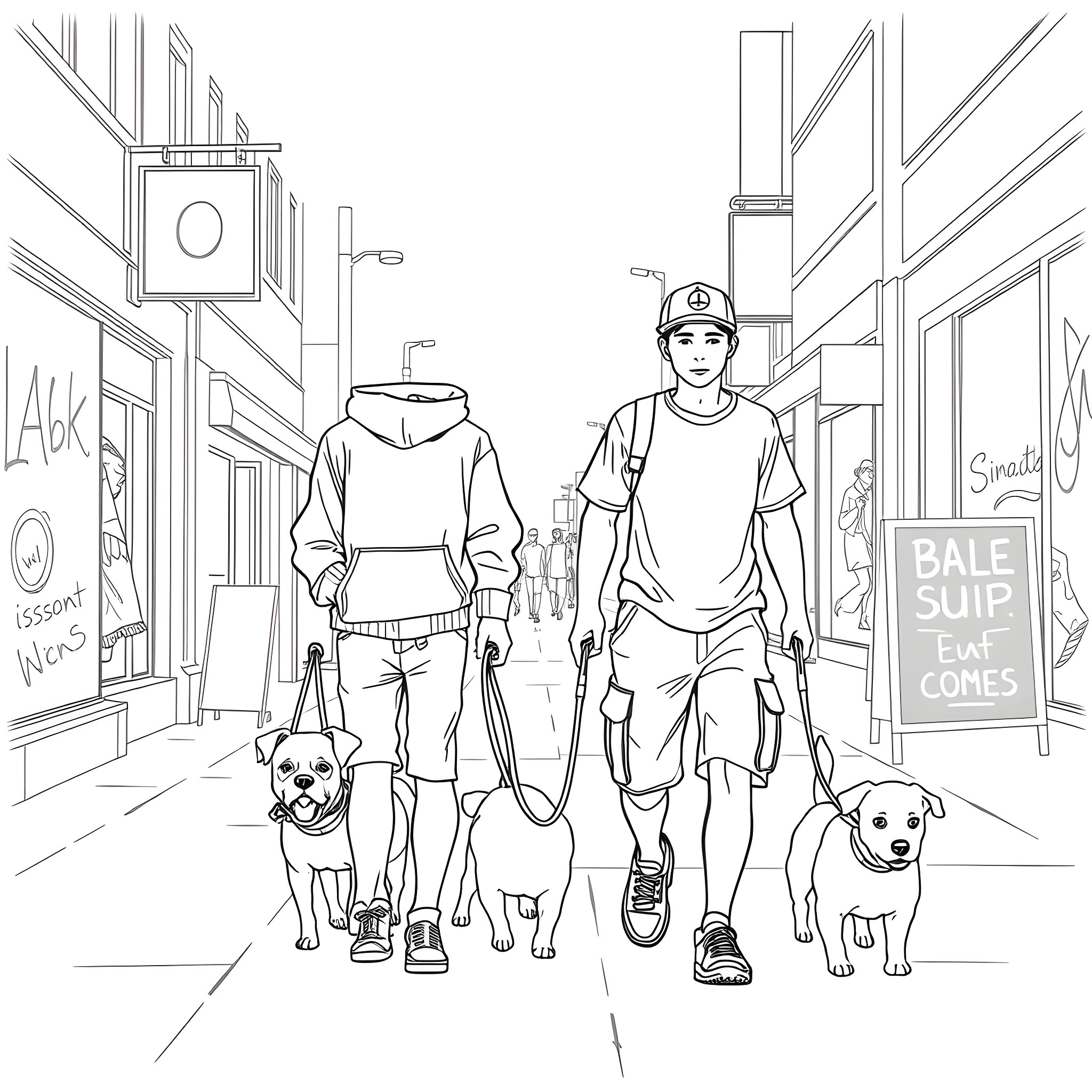 Teen Boy Walking Dogs on City Street Coloring Page (free black-and-white line drawing printable PDF for all, from beginners to advanced learners, including children, teens, adults, and seniors)