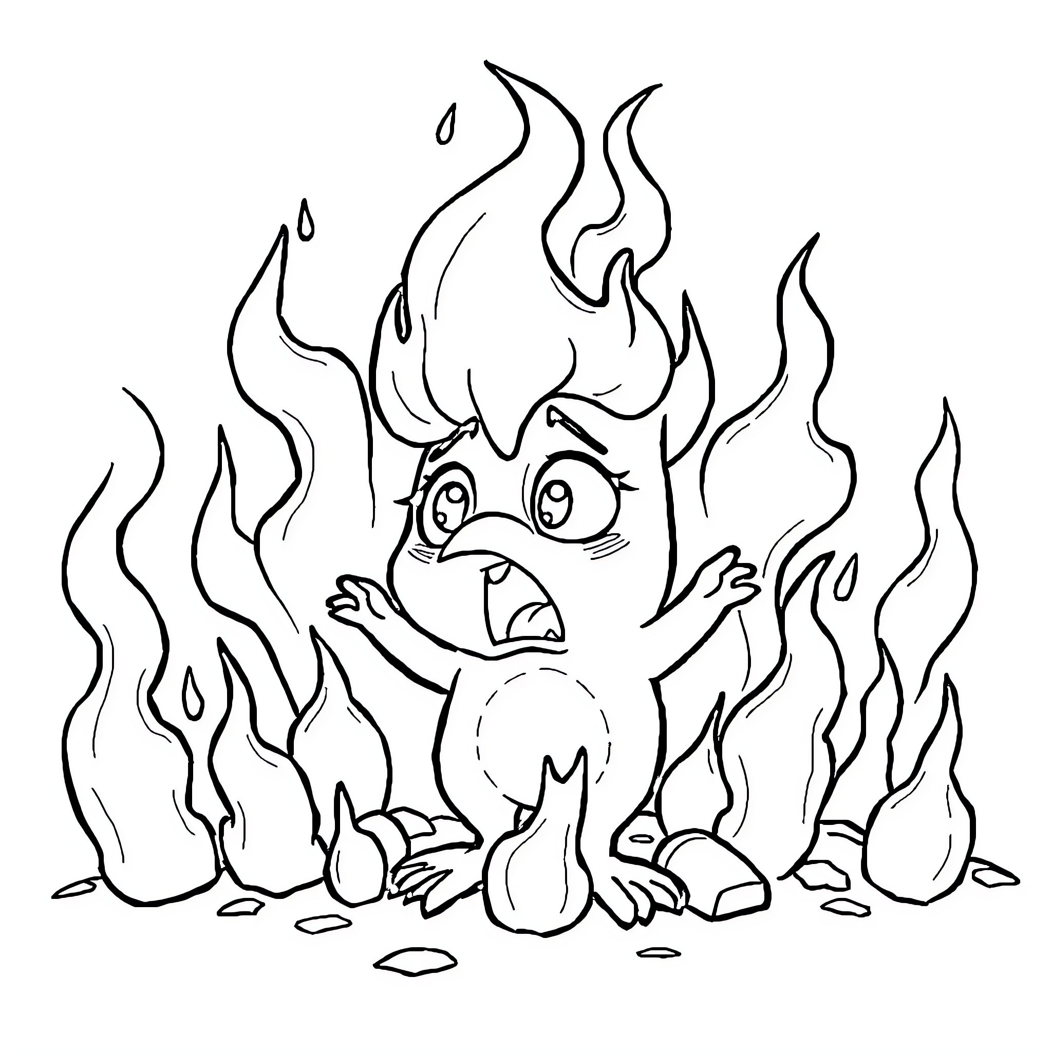 Bluey surrounded by flames and embers Coloring Page (free black-and-white line drawing printable PDF for all, from beginners to advanced learners, including children, teens, adults, and seniors)