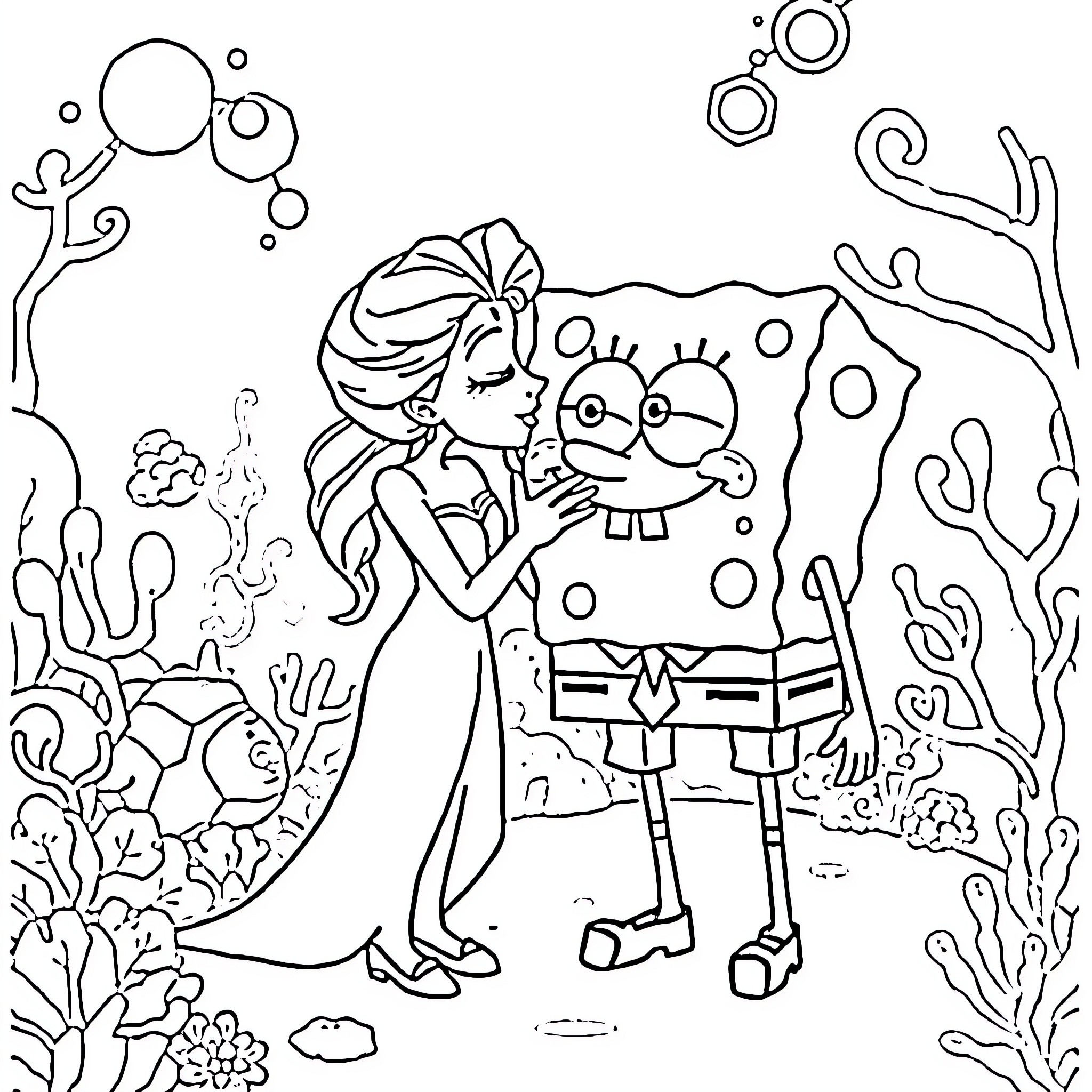 Elsa's Underwater Adventure with Spongebob Coloring Page (free black-and-white line drawing printable PDF for all, from beginners to advanced learners, including children, teens, adults, and seniors)