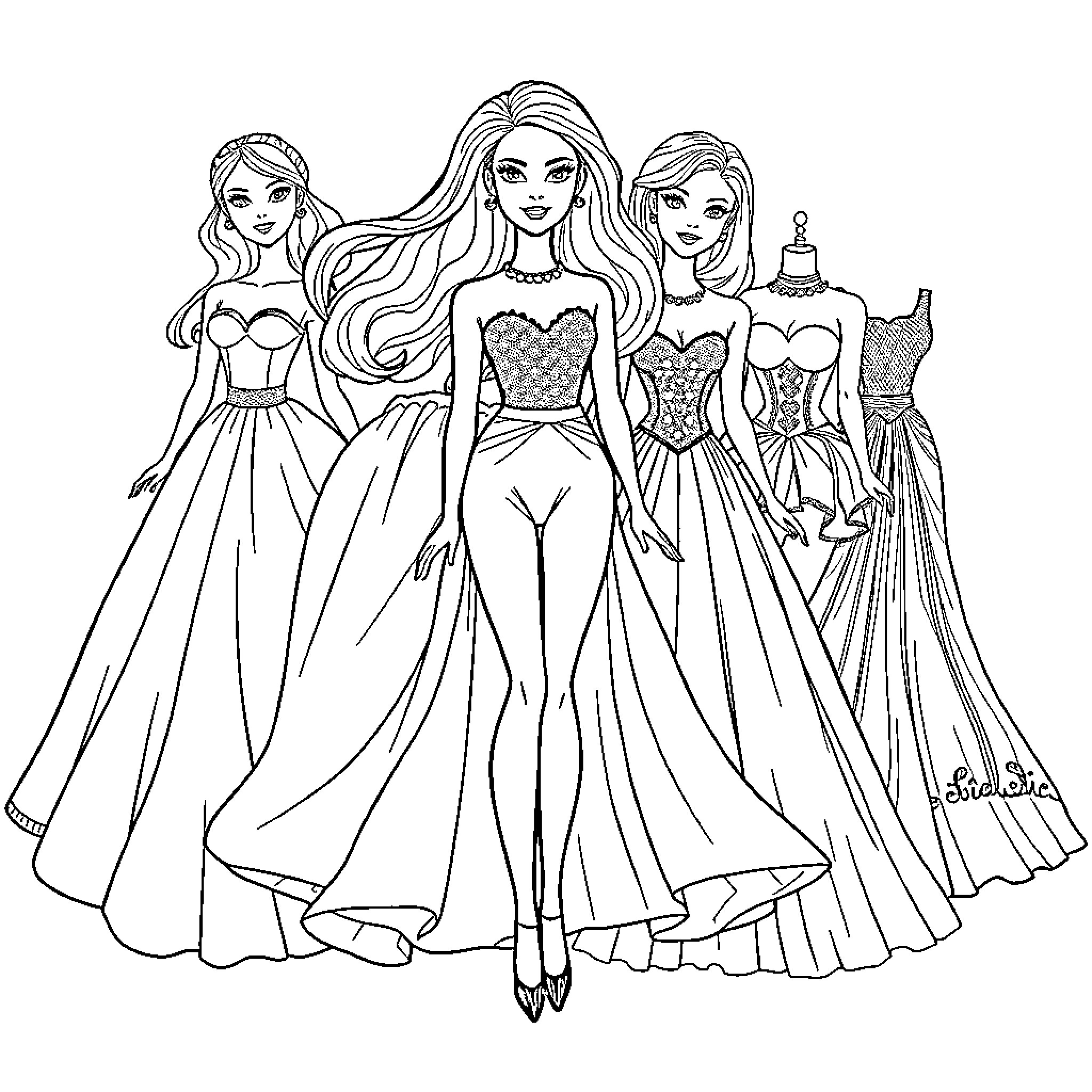 Barbie Fashion Models Posing in Stylish Gowns Coloring Page (free black-and-white line drawing printable PDF for all, from beginners to advanced learners, including children, teens, adults, and seniors)
