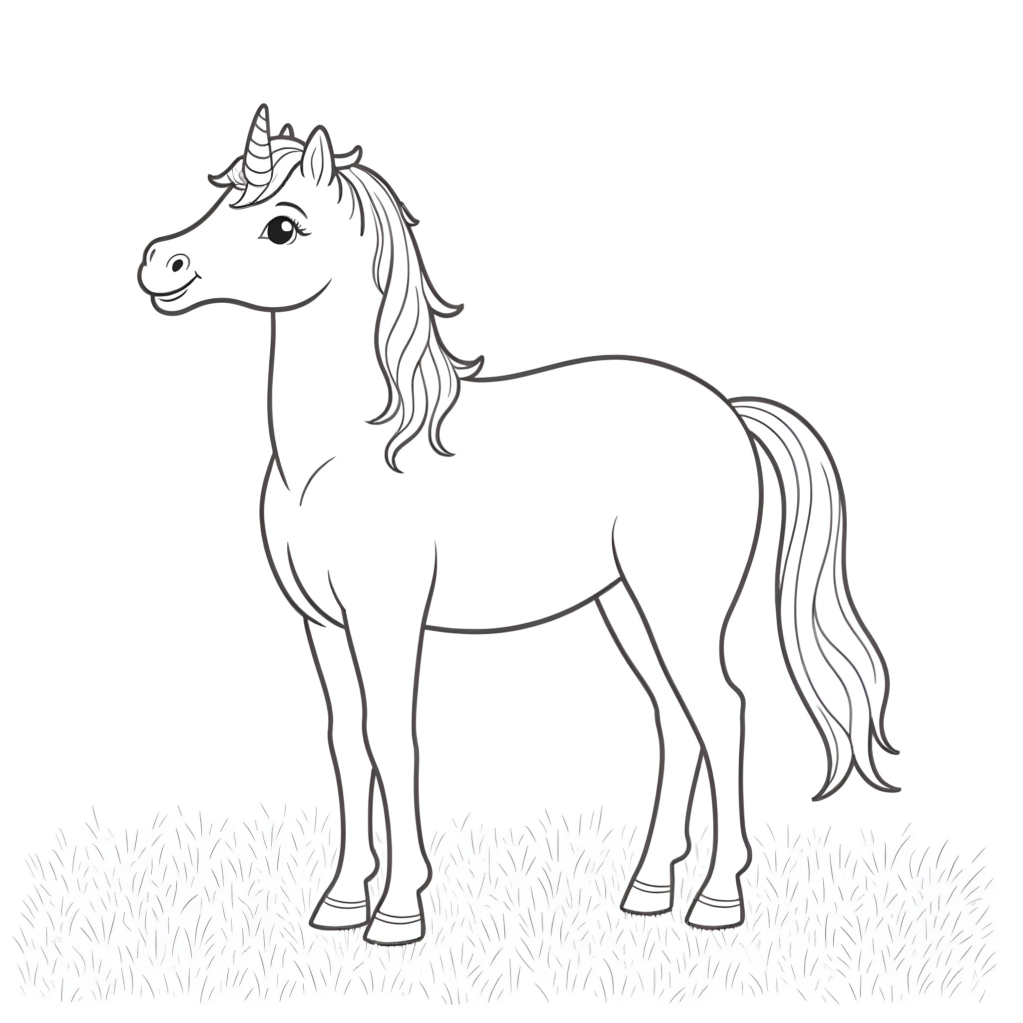Unicorn standing in a grassy field Coloring Page (free black-and-white line drawing printable PDF for all, from beginners to advanced learners, including children, teens, adults, and seniors)