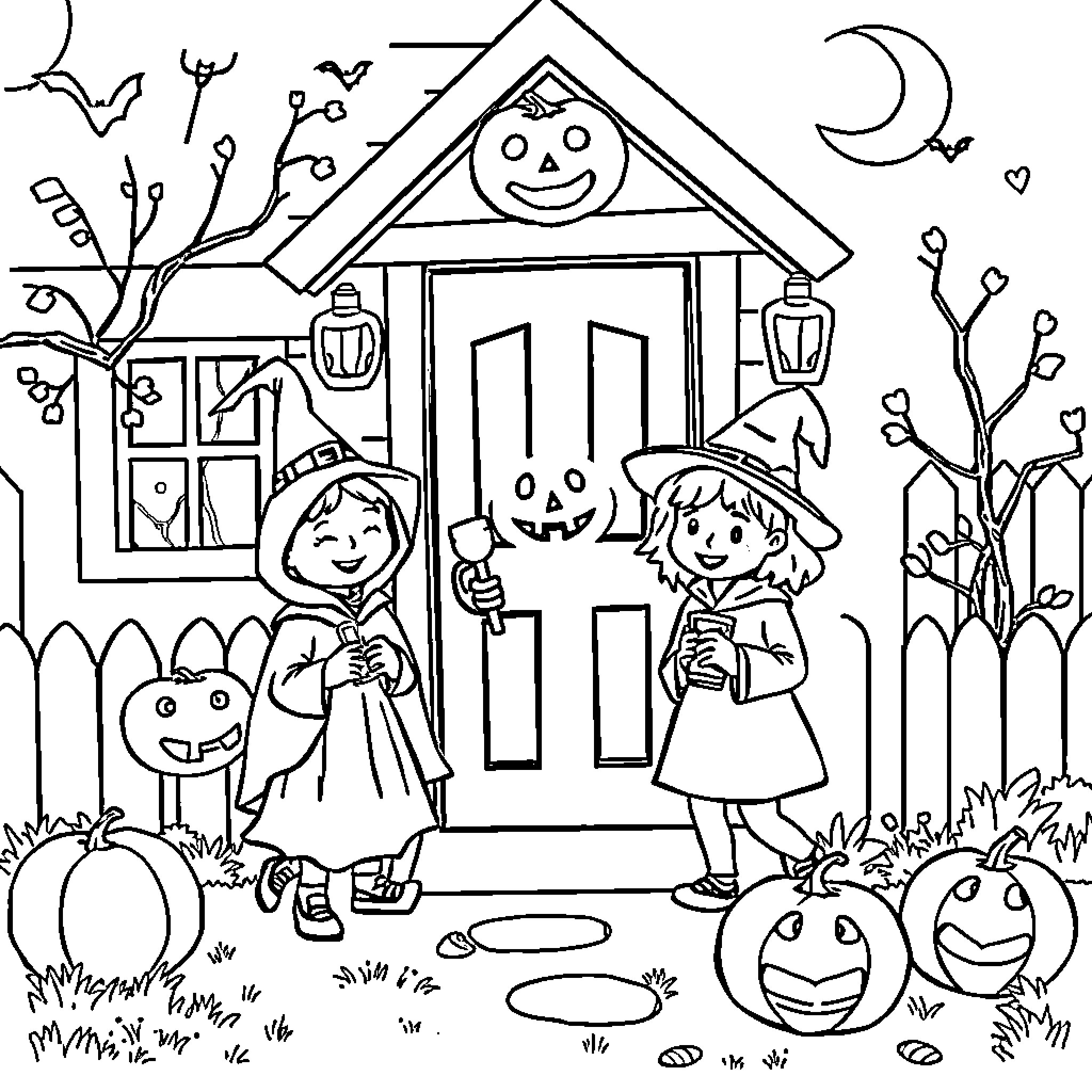 Halloween party with costumed children at a decorated house Coloring Page (free black-and-white line drawing printable PDF for all, from beginners to advanced learners, including children, teens, adults, and seniors)