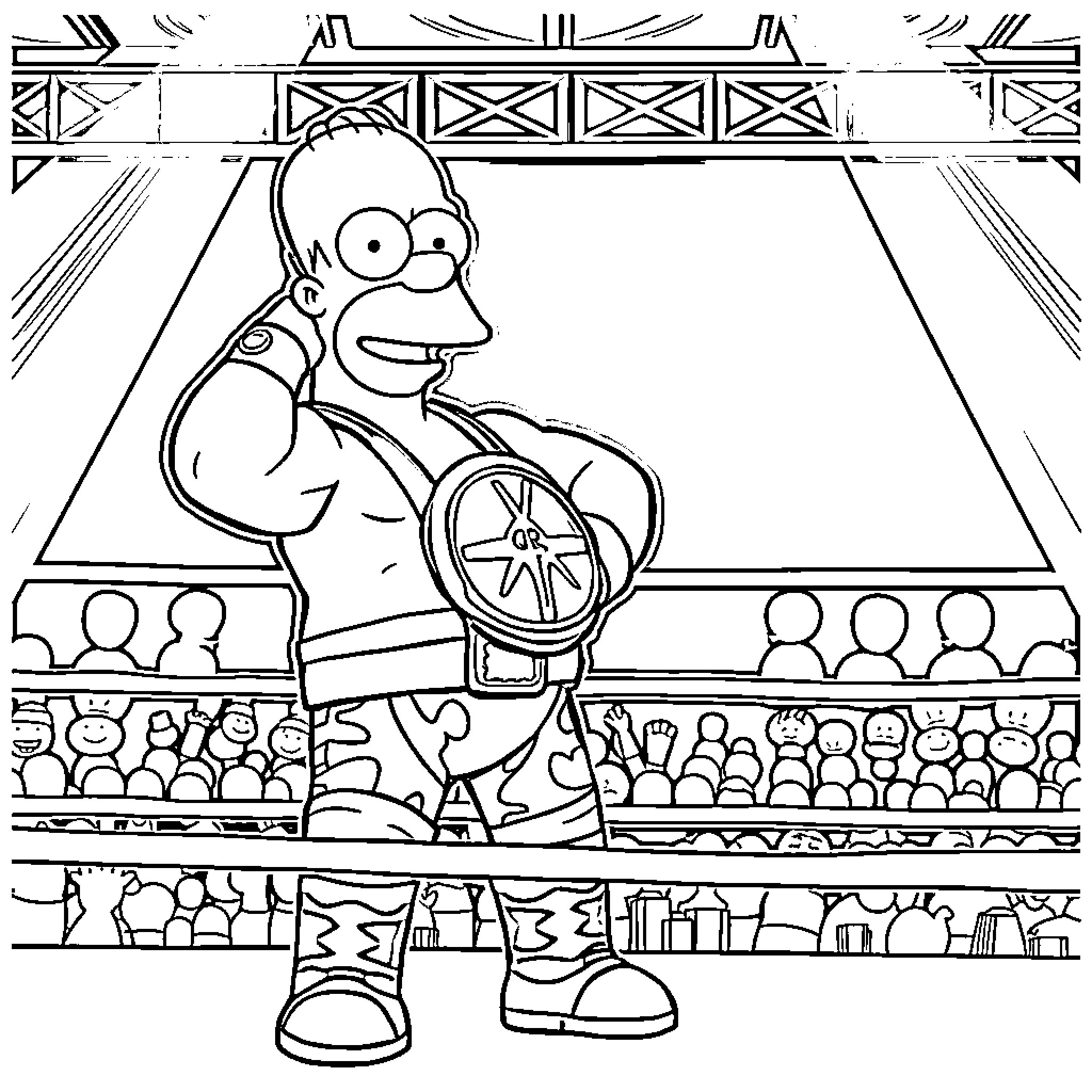 Homer Simpson performing in a stadium Coloring Page (free black-and-white line drawing printable PDF for all, from beginners to advanced learners, including children, teens, adults, and seniors)
