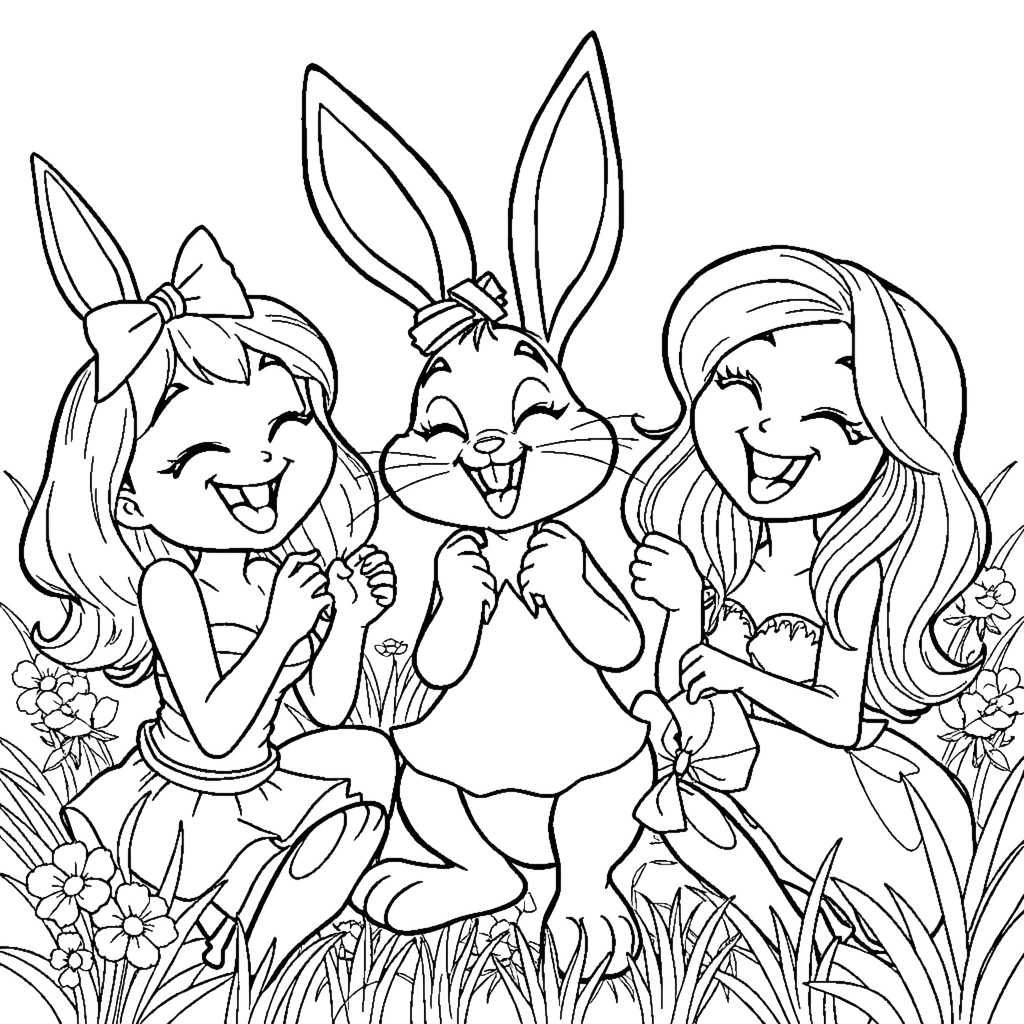 Lola Bunny and friends playing joyfully in the garden Coloring Page (free black-and-white line drawing printable PDF for all, from beginners to advanced learners, including children, teens, adults, and seniors)