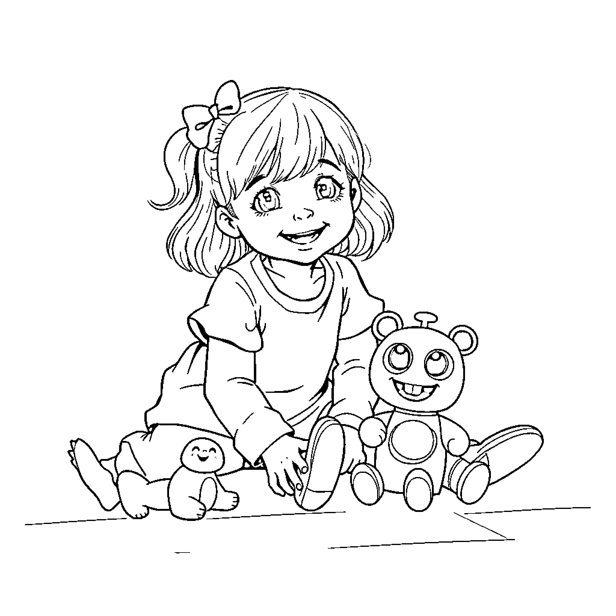 Charlotte's Happy Playtime with Toys Coloring Page (free black-and-white line drawing printable PDF for all, from beginners to advanced learners, including children, teens, adults, and seniors)