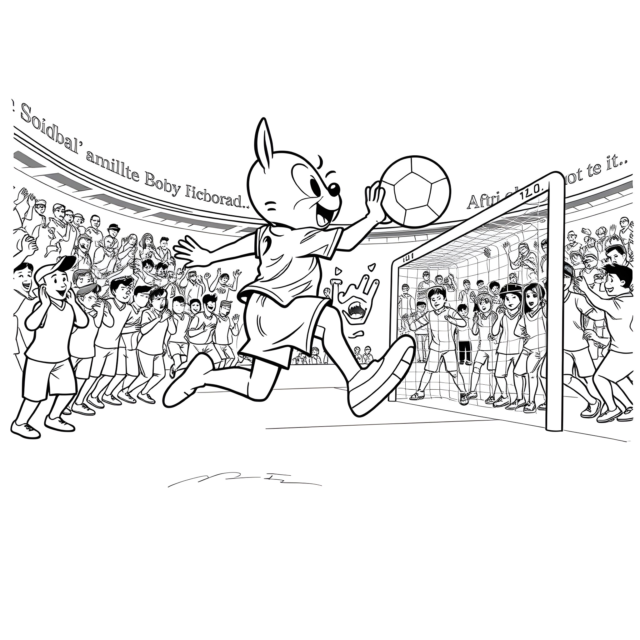 Snappy DEE's Playful Soccer Match Coloring Page (free black-and-white line drawing printable PDF for all, from beginners to advanced learners, including children, teens, adults, and seniors)