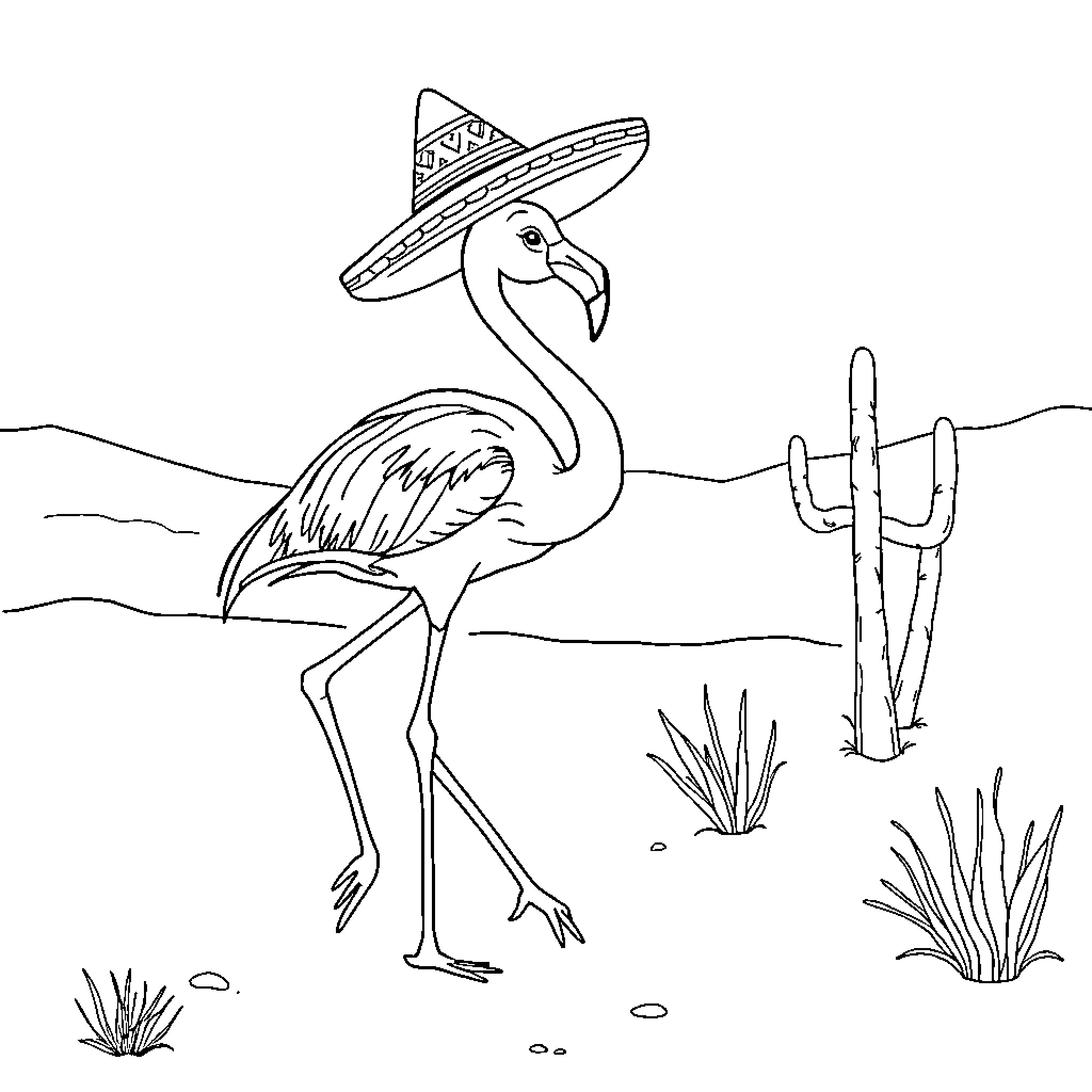 Flamingo posing in a desert landscape Coloring Page (free black-and-white line drawing printable PDF for all, from beginners to advanced learners, including children, teens, adults, and seniors)