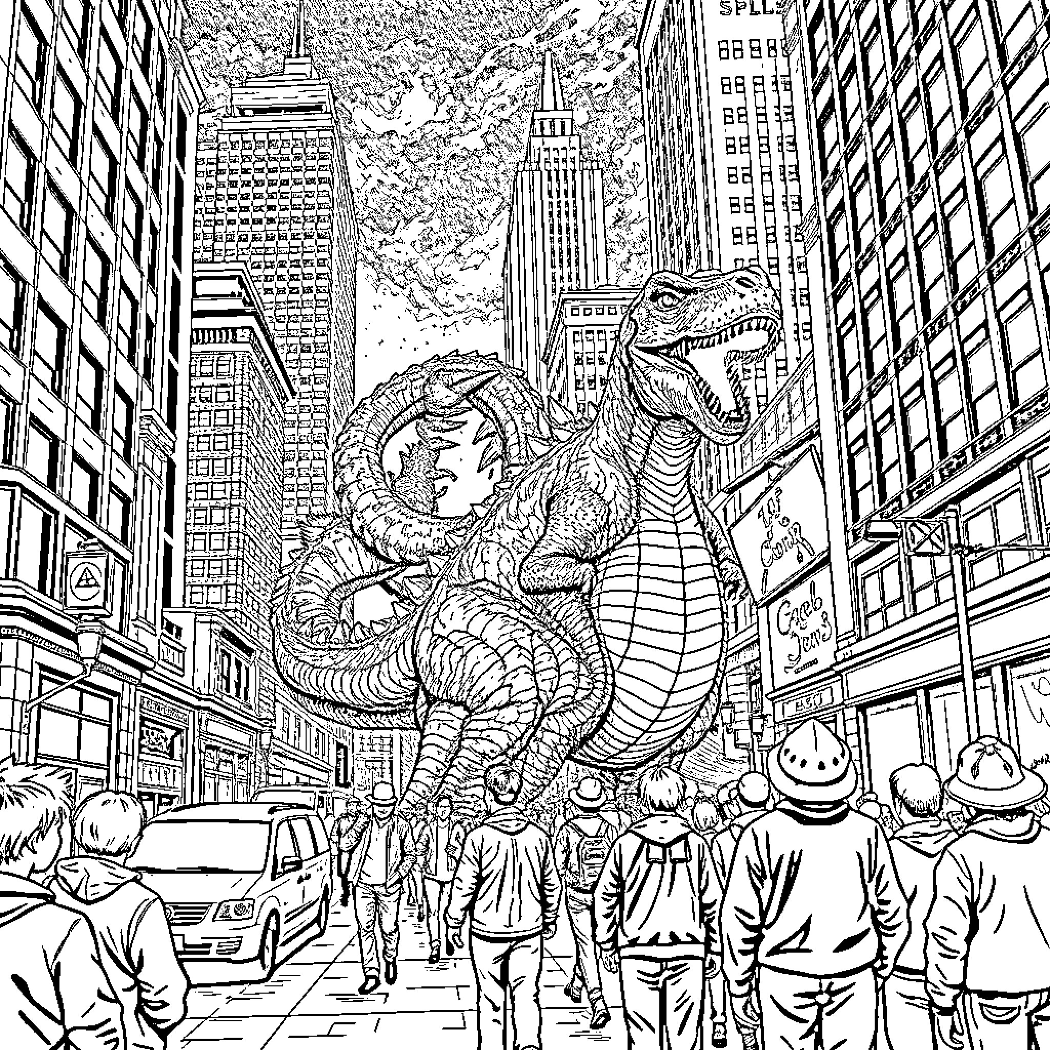Monster Dinosaur Parade in the City Coloring Page (free black-and-white line drawing printable PDF for all, from beginners to advanced learners, including children, teens, adults, and seniors)