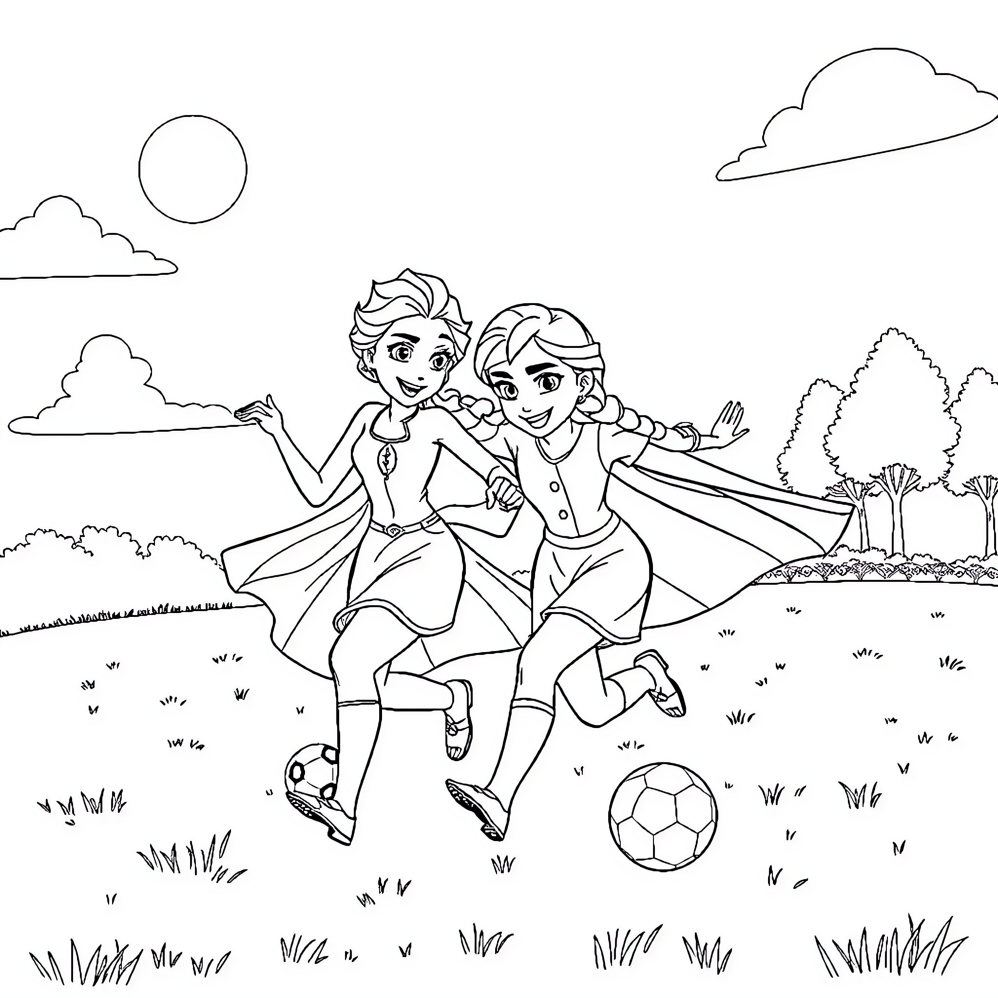 Elsa and Anna joyfully playing soccer in a grassy field Coloring Page (free black-and-white line drawing printable PDF for all, from beginners to advanced learners, including children, teens, adults, and seniors)