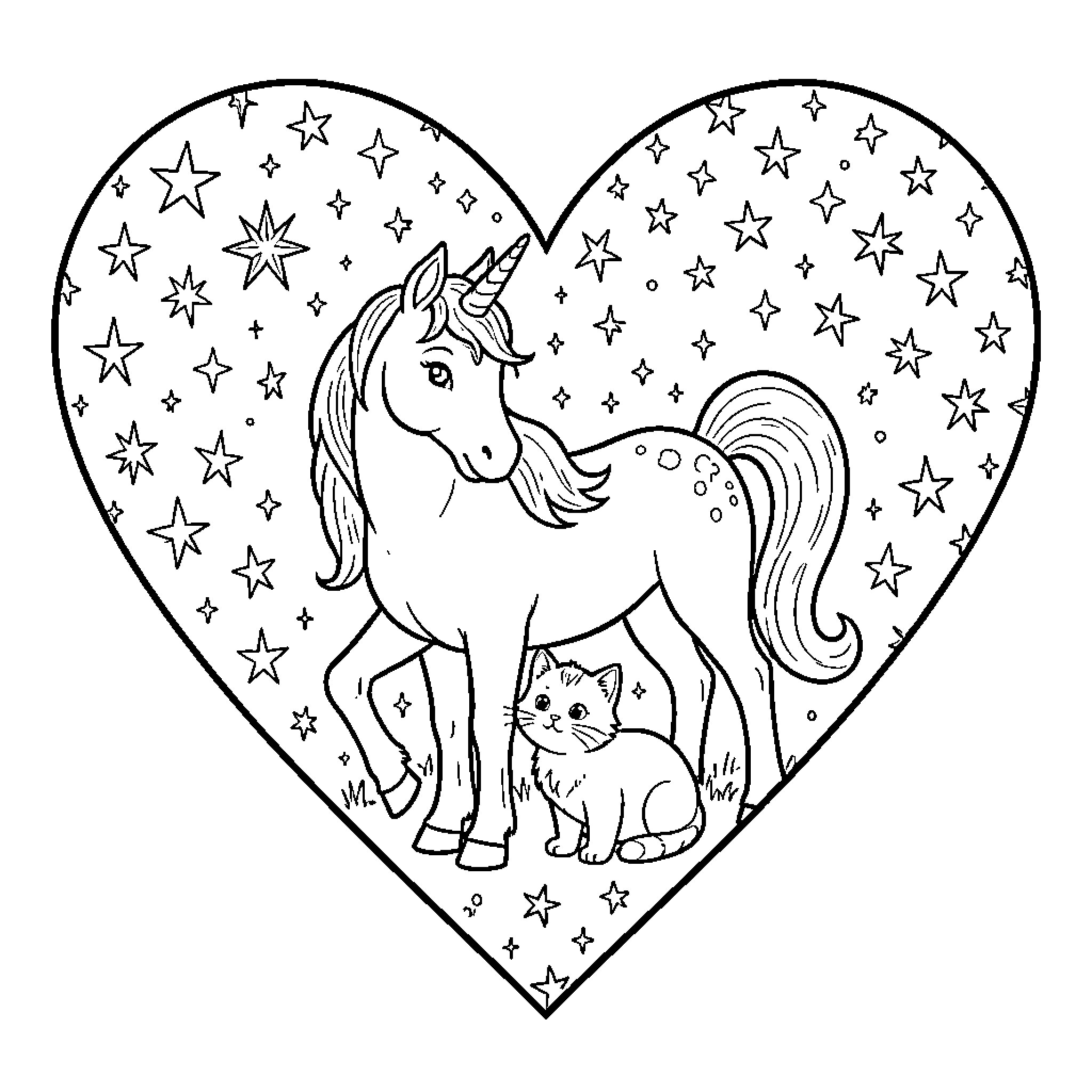 Unicorn and kitten in a starry heart Coloring Page (free black-and-white line drawing printable PDF for all, from beginners to advanced learners, including children, teens, adults, and seniors)
