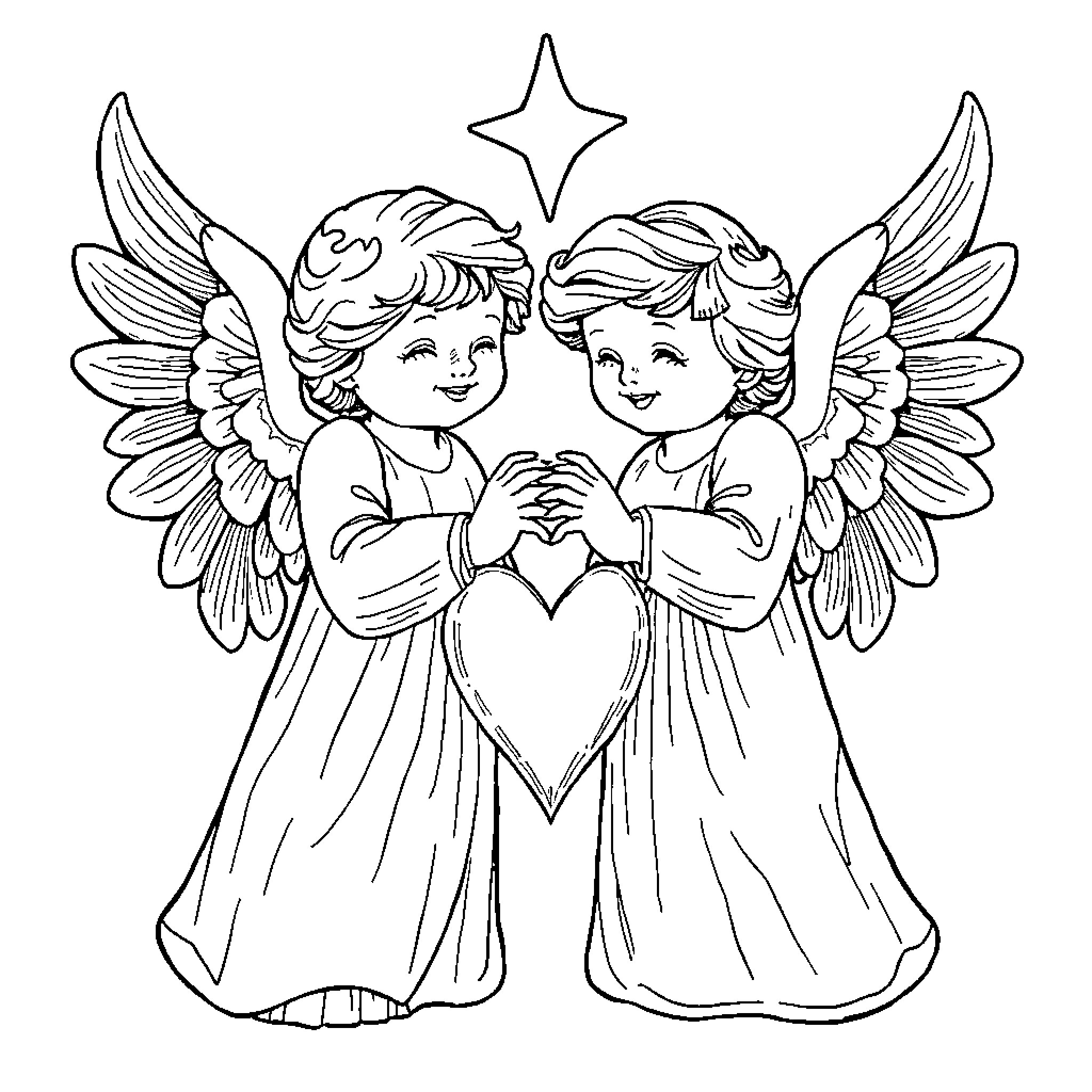 Angel figures holding a heart with wings Coloring Page (free black-and-white line drawing printable PDF for all, from beginners to advanced learners, including children, teens, adults, and seniors)