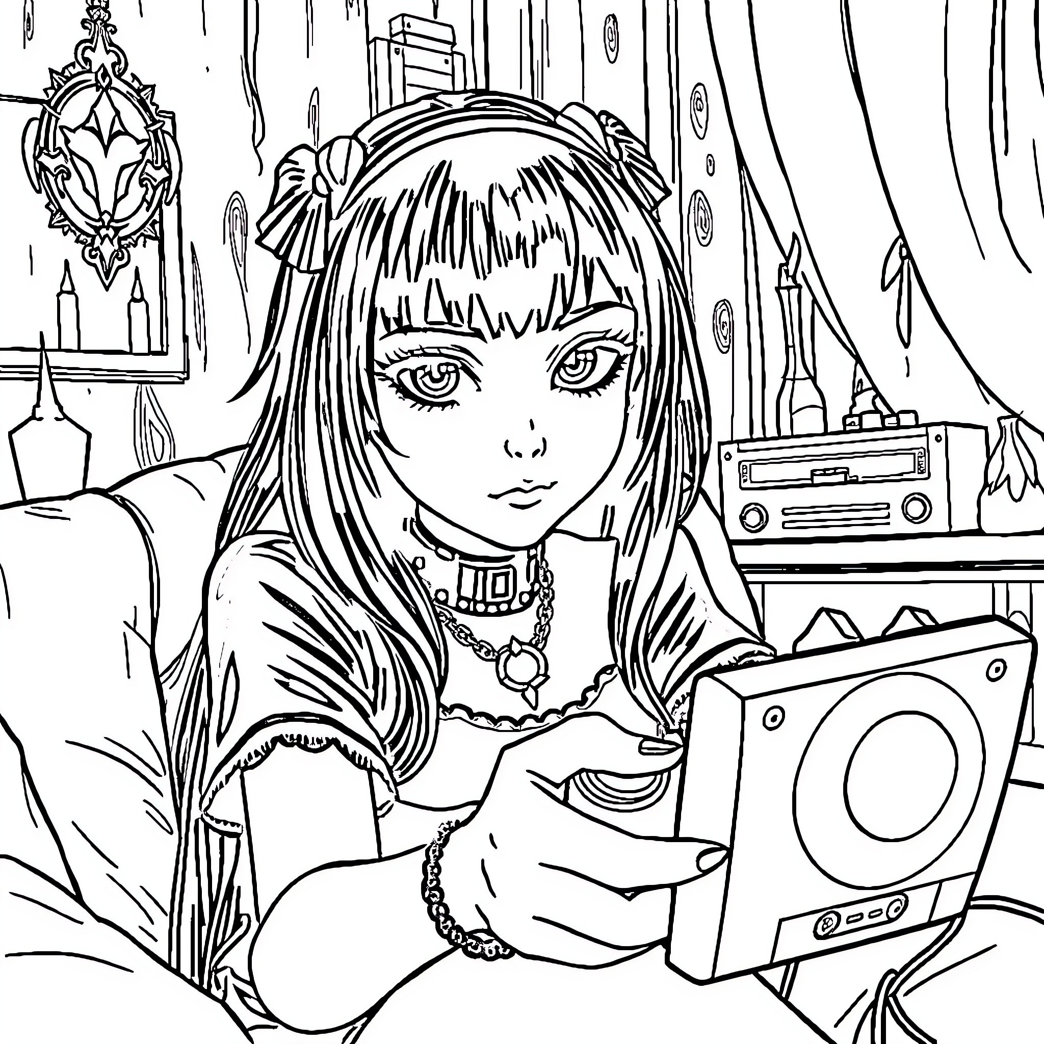 Goth Girl Listens to Music in Her Room Coloring Page (free black-and-white line drawing printable PDF for all, from beginners to advanced learners, including children, teens, adults, and seniors)